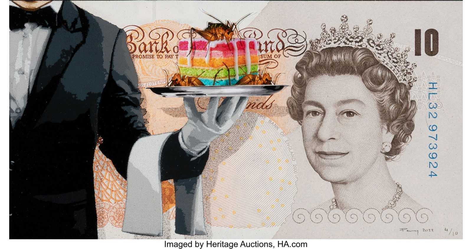 Penny (20th Century) Let Them Eat Cake, 2022 C-T: Penny (20th Century) Let Them Eat Cake, 2022 C-Type semigloss print and spray paint on 10-pound banknote 3 x 5-5/8 inches (7.6 x 14.3 cm) Ed. 4/1