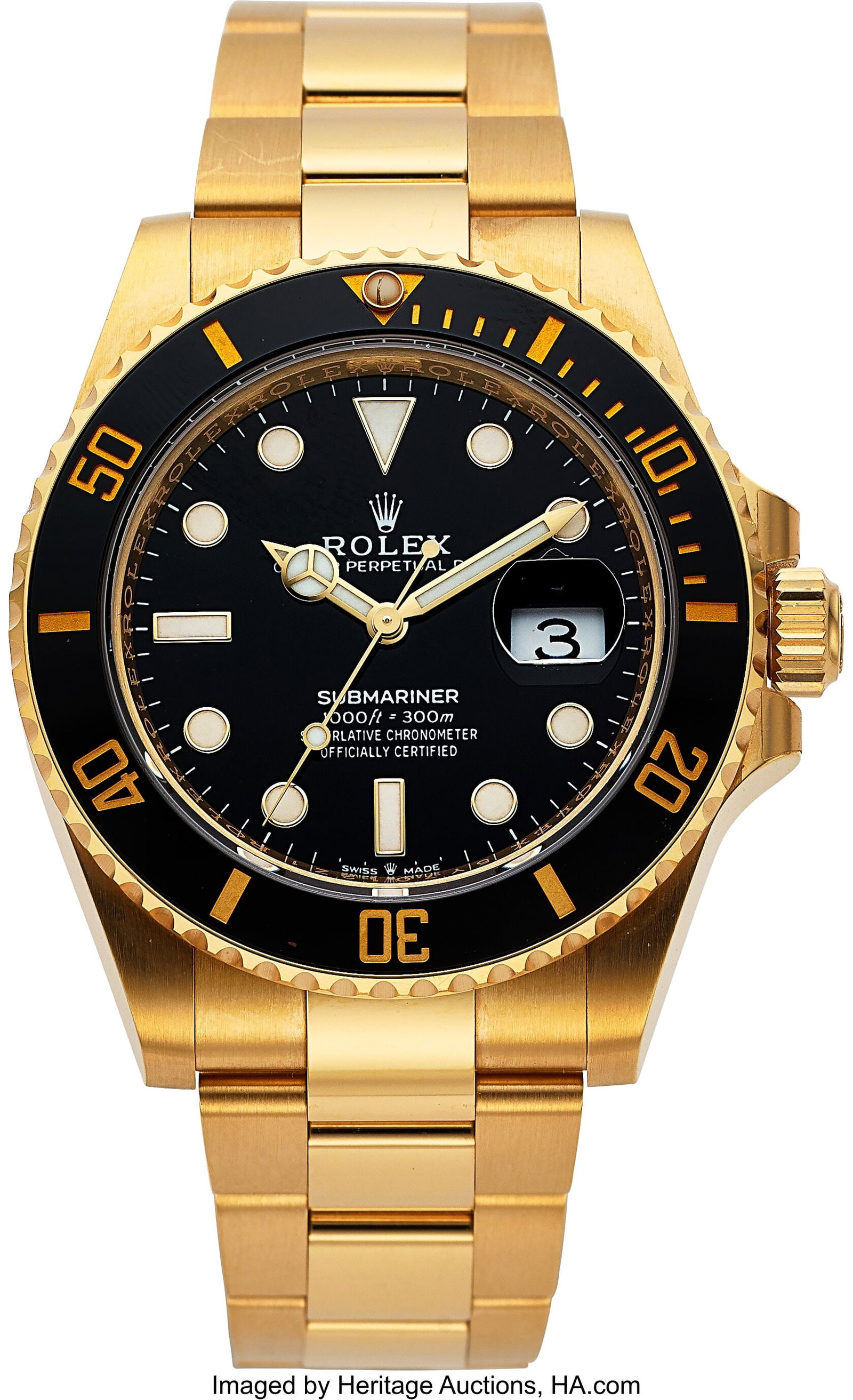 Rolex Oyster Perpetual Date Submariner Yellow Go: Rolex Oyster Perpetual Date Submariner Yellow Gold Full Set, Ref. 126618LN Case: 41 mm, 18k yellow gold, three body, screw-down case back and crown, unidirec