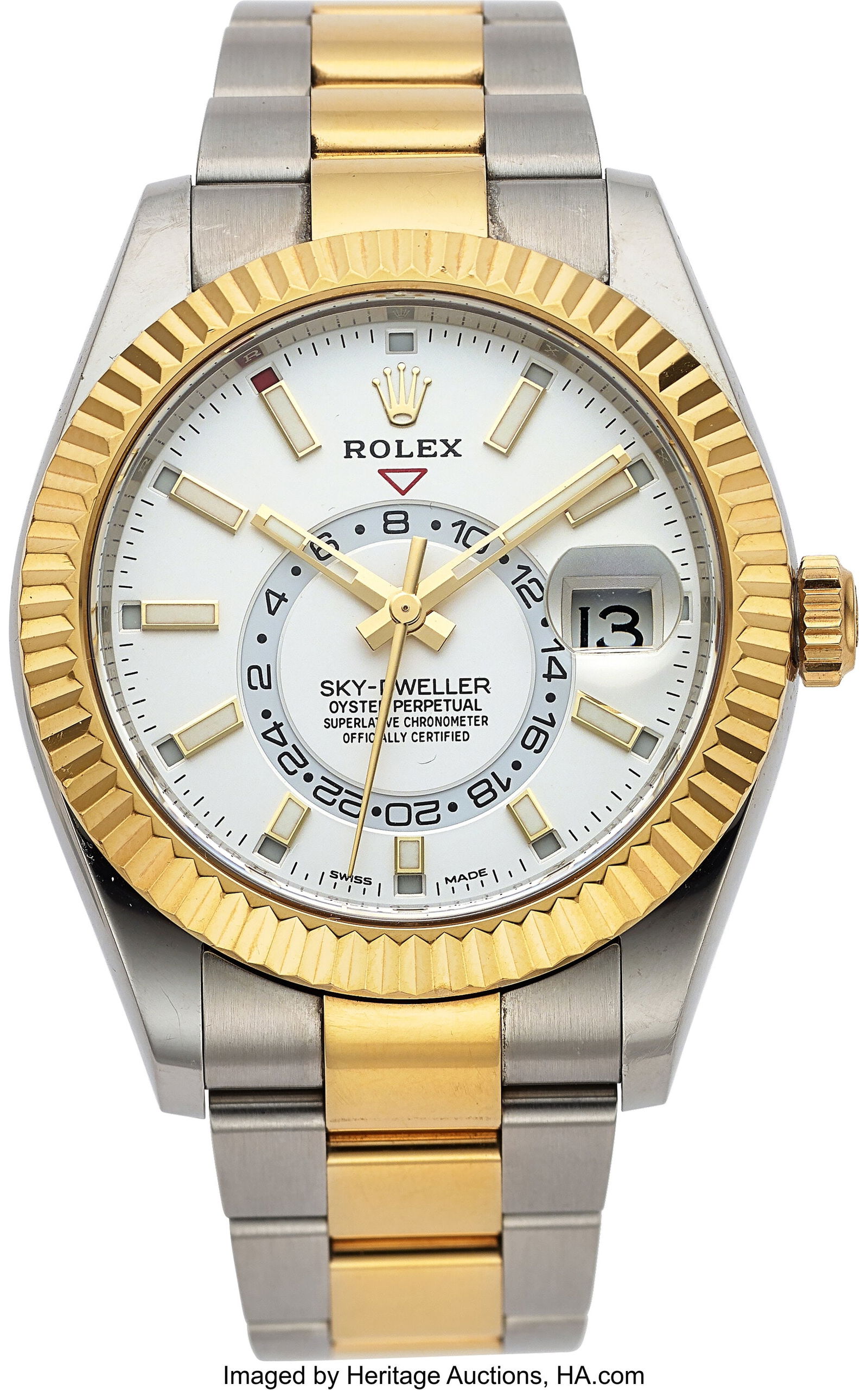 Rolex Sky-Dweller Yellow Gold Steel, Ref. 326933: Rolex Sky-Dweller Yellow Gold Steel, Ref. 326933 Case: 42 mm, stainless steel and 18k yellow gold, three body, screw-down case back and crown, with 18k yello