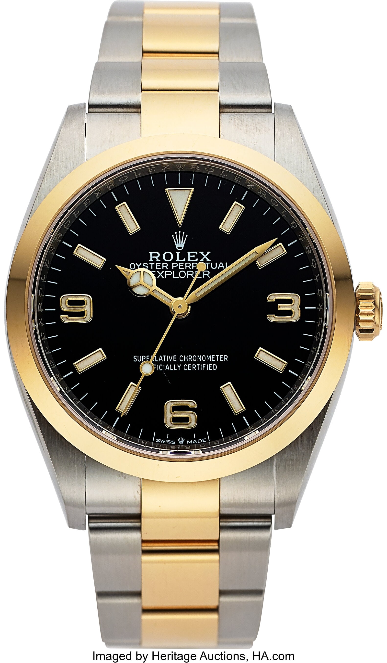 Rolex Oyster Perpetual Explorer Yellow Gold Stee: Rolex Oyster Perpetual Explorer Yellow Gold Steel Full Set, Ref. 124273 Case: 36 mm, stainless steel and 18k yellow gold, three body, screw-down case back and crow