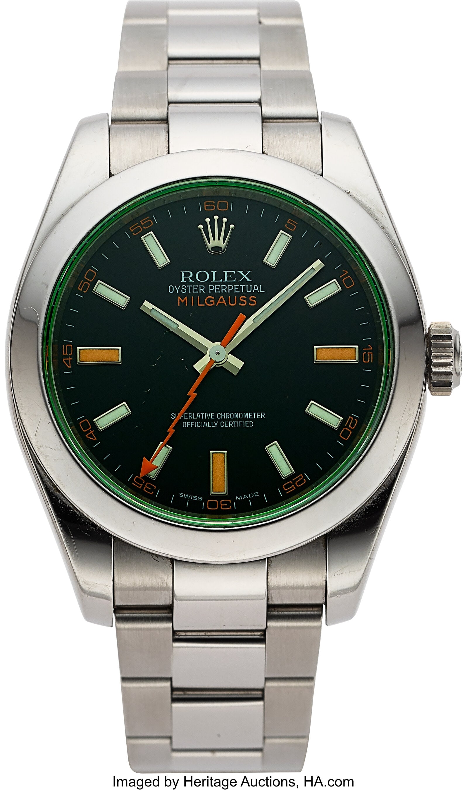 Rolex Milgauss Reference 116400GV Stainless Stee: Rolex Milgauss Reference 116400GV Stainless Steel Wristwatch Case: 40mm, 904L stainless steel, three body case with green crystal and screw back, M373476 Dial: black and