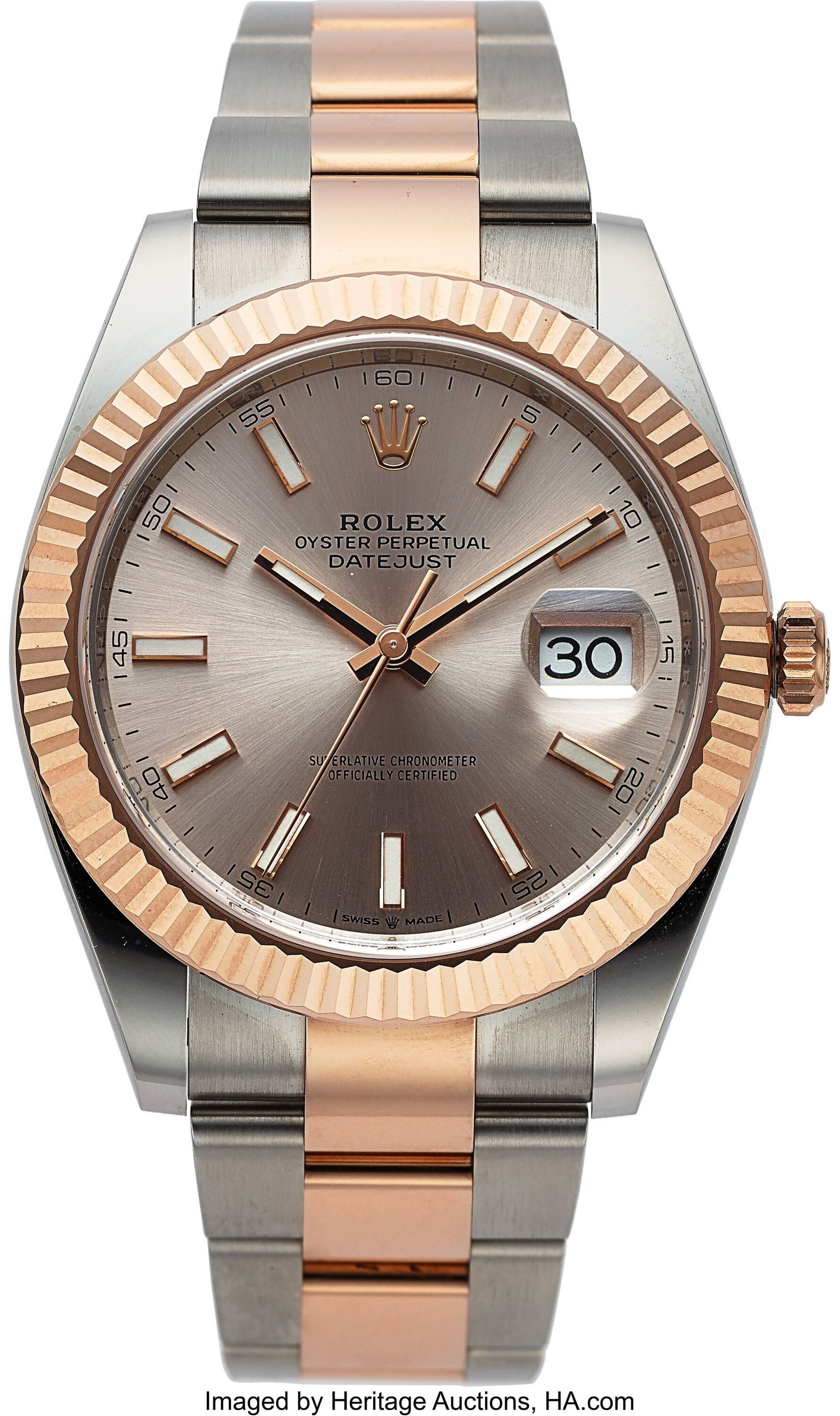 Rolex, Unused Two Tone Everose Datejust, Full Se: Rolex, Unused Two Tone Everose Datejust, Full Set, Ref. 126331, circa 2025 Case: 40 mm, stainless steel and 18k Everose gold, three body, screw-d