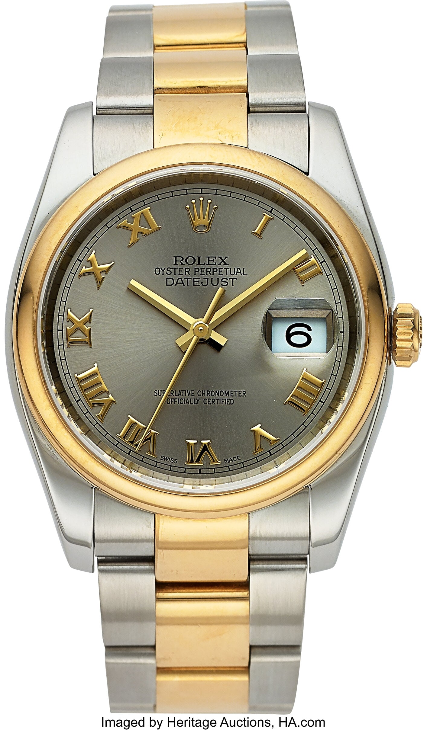 Rolex Oyster Perpetual Datejust Two Tone, Ref. 1: Rolex Oyster Perpetual Datejust Two Tone, Ref. 116203 Case: 37 mm, stainless steel and 18k yellow gold, three body with screw-down case back and crown Dial: silver