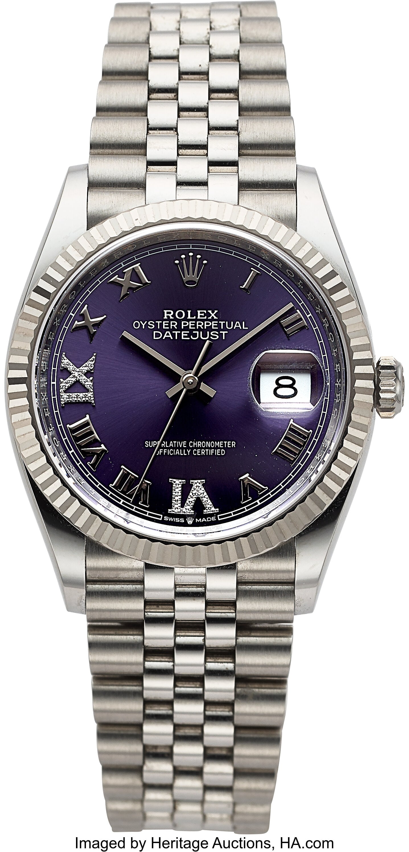 Rolex Datejust, 18k White Gold Bezel, Purple Dia: Rolex Datejust, 18k White Gold Bezel, Purple Diamond Set VI Dial, Full Set, Ref. 126234 Case: 36 mm, stainless steel and 18k white gold, three