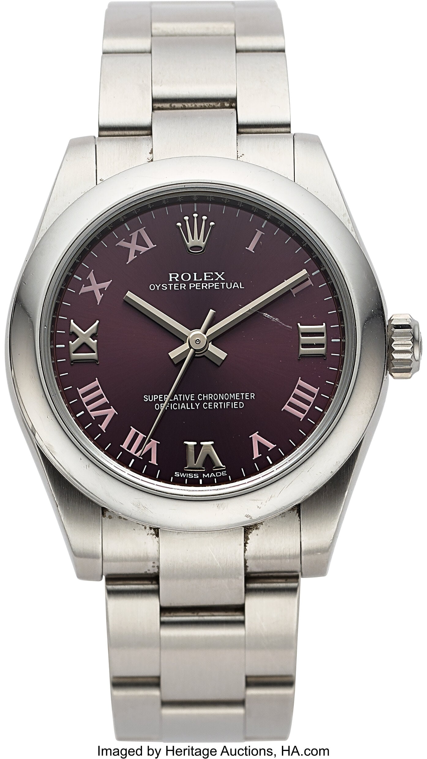 Rolex Oyster Perpetual Steel Burgundy Grape Dial: Rolex Oyster Perpetual Steel Burgundy Grape Dial Full Set, Ref. 177200 Case: 31 mm, stainless steel, three body with screw-down case back and crown, 4VX87347