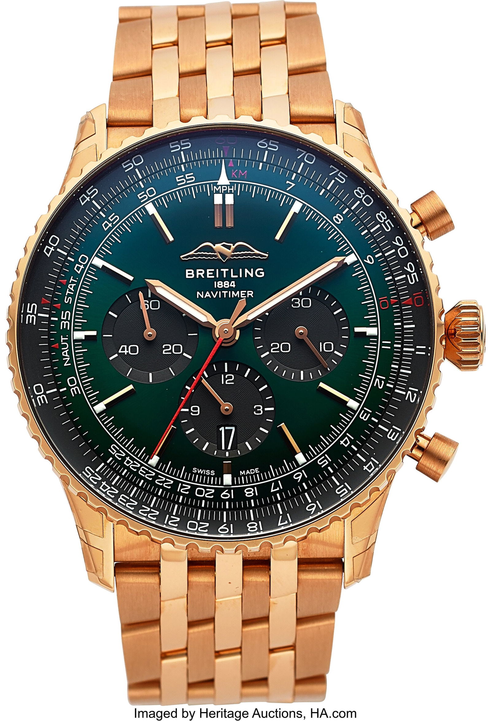 Breitling Navitimer B01 Chronograph 18k Red Gold: Breitling Navitimer B01 Chronograph 18k Red Gold Full Set, Ref. RB0137 Case: 46 mm, 18k red gold, three body, screw-down exhibition case back,