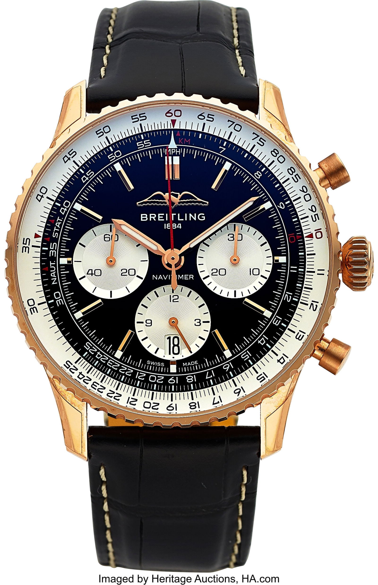 Breitling Navitimer B01 Chronograph 18k Red Gold: Breitling Navitimer B01 Chronograph 18k Red Gold Full Set, Ref. RB0138 Case: 43 mm, 18k red gold, three body, screw-down exhibition case back, white bi-direc