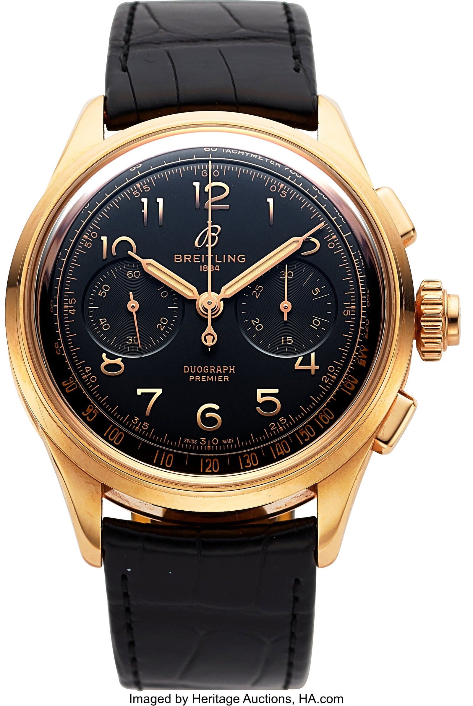 Breitling Premier B15 Duograph 18k Rose Gold Ful: Breitling Premier B15 Duograph 18k Rose Gold Full Set, Ref. RB1510 Case: 42 mm, 18k rose gold, three body, screw-down exhibition case back, fixed