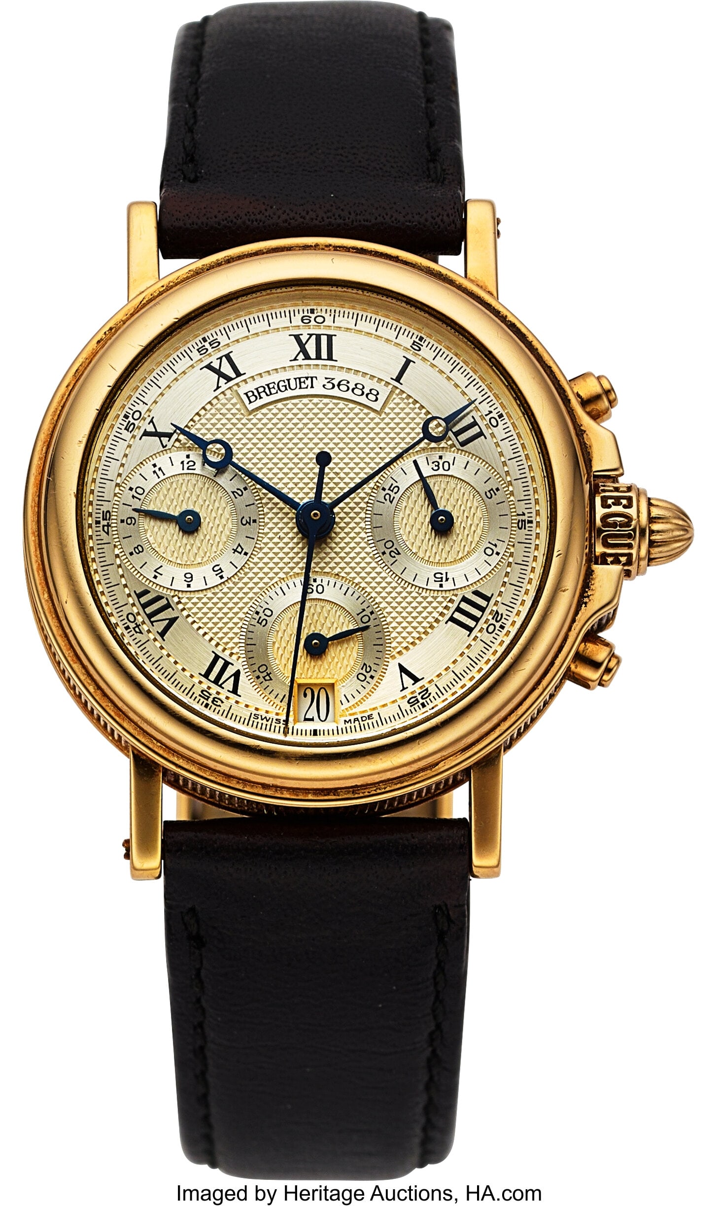 Breguet Marine Chronograph, Ref. 3688 Case: 32: Breguet Marine Chronograph, Ref. 3688 Case: 32 mm, 18k yellow gold, three body, 6 screw case back, reeded case edge Dial: cream guilloche dial with a s