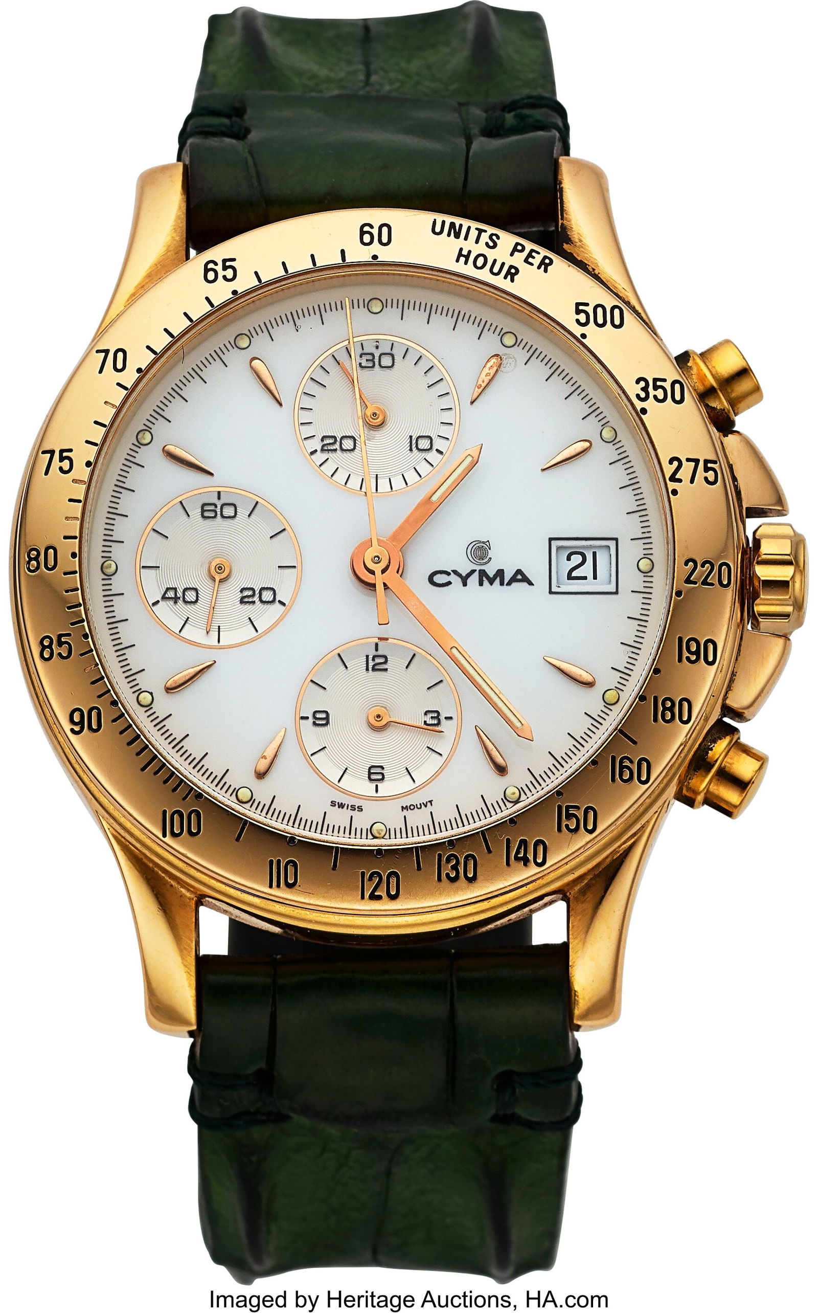 Cyma 18k Gold Automatic Chronograph Case: 37 mm: Cyma 18k Gold Automatic Chronograph Case: 37 mm, 18k gold, three body, 6 screw exhibition case back, screw-down crown, and fixed chronograph bezel Dial: white