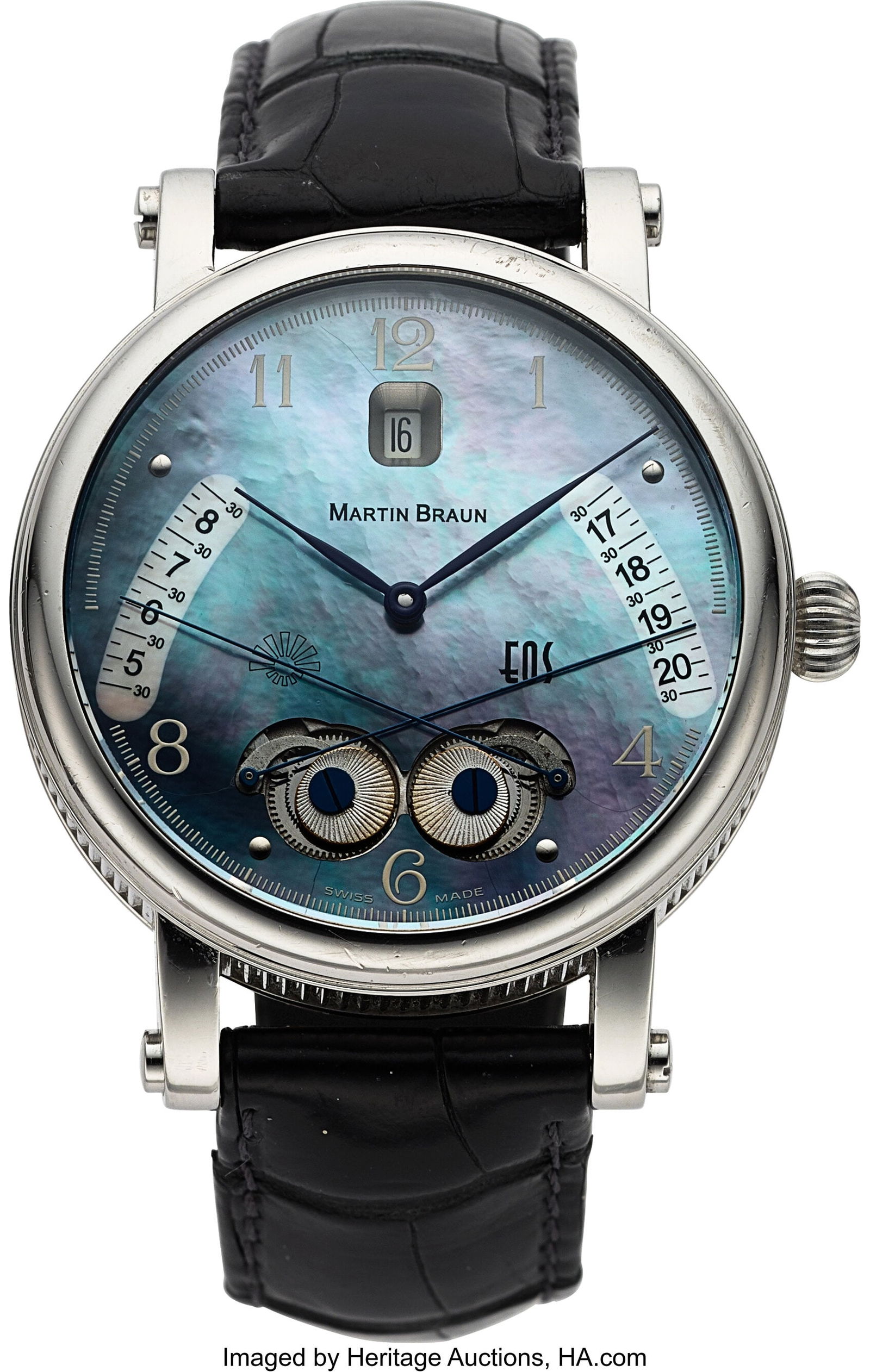 Martin Braun, EOS Steel-Sunrise/Sunset, Black Mo: Martin Braun, EOS Steel-Sunrise/Sunset, Black Mother-of-Pearl, Circa 2000's Case: 42mm, stainless steel, three body case, coin edge center, and