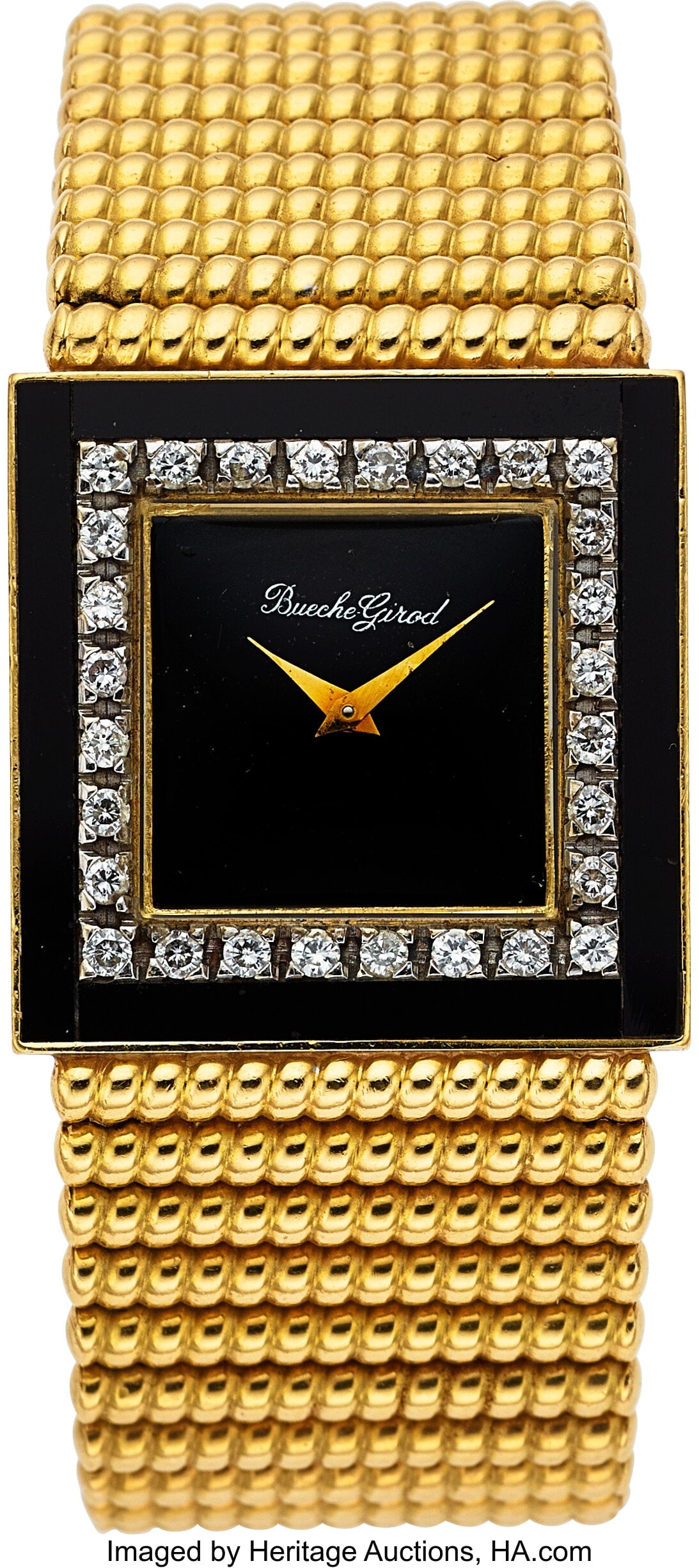 Bueche Girod 18k Yellow Gold Diamond Bezel Wrist: Bueche Girod 18k Yellow Gold Diamond Bezel Wrist Watch Case: 29 mm, 18k yellow gold, three body, 4 screw case back, black fixed bezel set with 28 diamonds,
