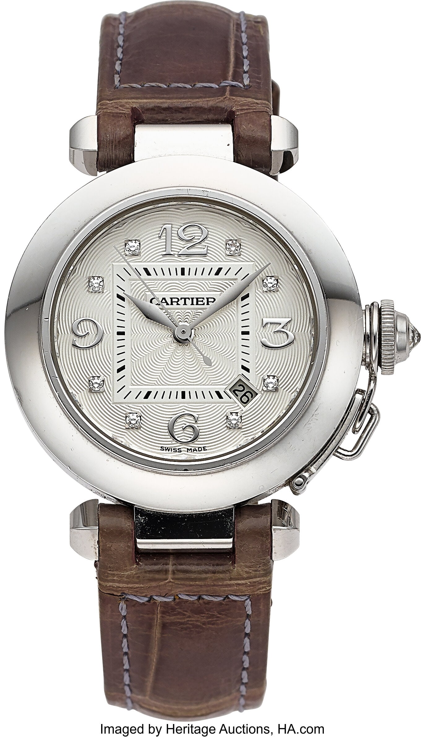 Cartier, Pasha, 18k White Gold & Diamonds, Ref.: Cartier, Pasha, 18k White Gold & Diamonds, Ref. 2398 Case: 32 mm, 18k white gold, three body, 8 screw case back, and diamond set crown cover&