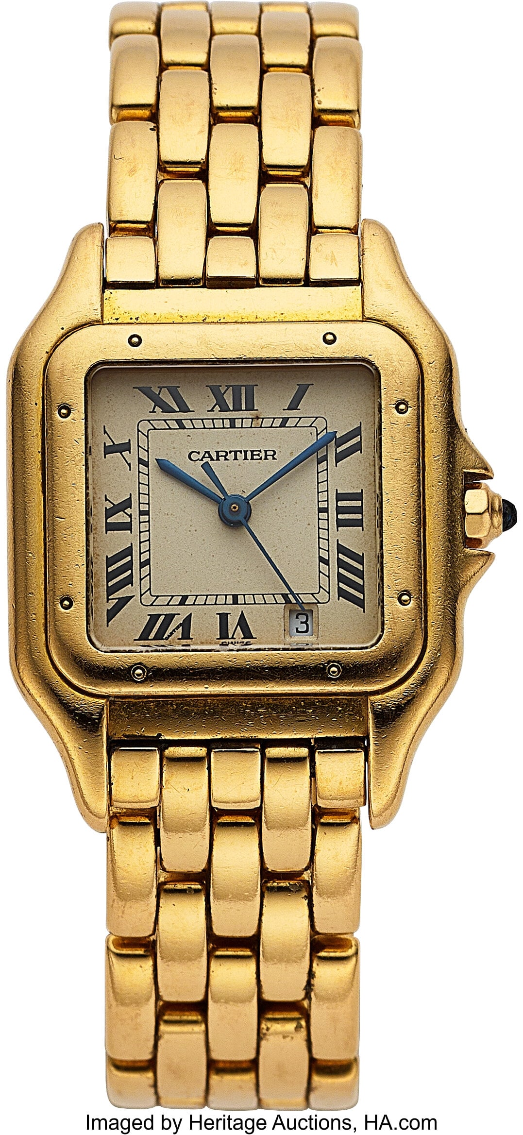 Panthère de Cartier 18k Yellow Gold Wrist Watch: Panthère de Cartier 18k Yellow Gold Wrist Watch Case: 29 mm x 37 mm, 18k yellow gold, two body, 8 screw case back, with blue sapphire set crown, 8839542203 D