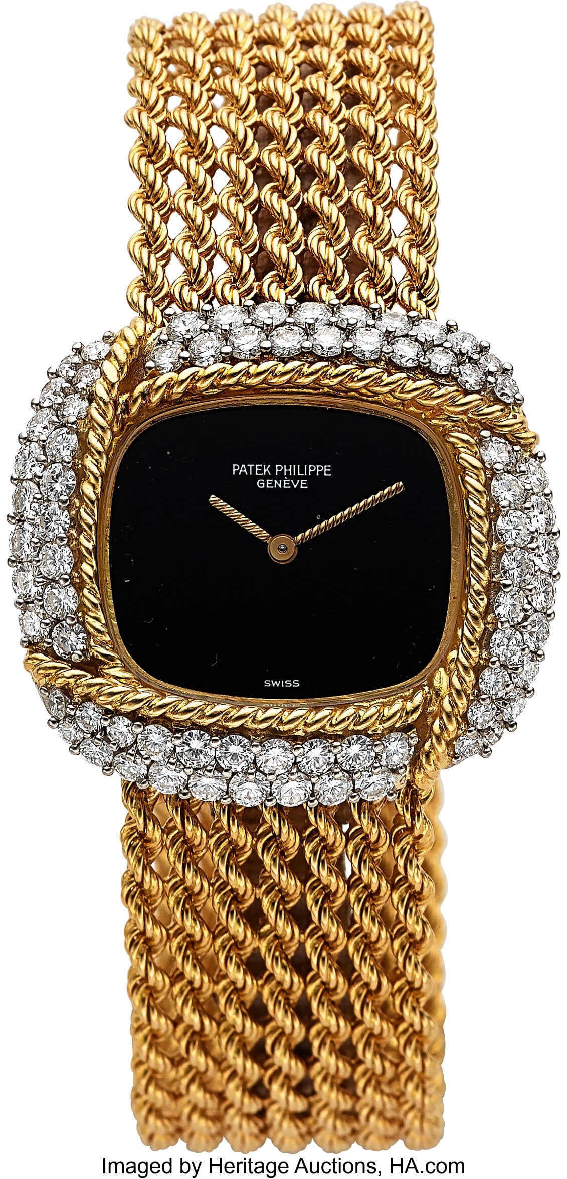 Patek Ladies Onyx Dial Diamond Bezel Full Set, R: Patek Ladies Onyx Dial Diamond Bezel Full Set, Ref. 4336/1 Case: 31 mm x 29 mm, 18k yellow gold and diamonds, three body, snap-back case back, 72 diamond