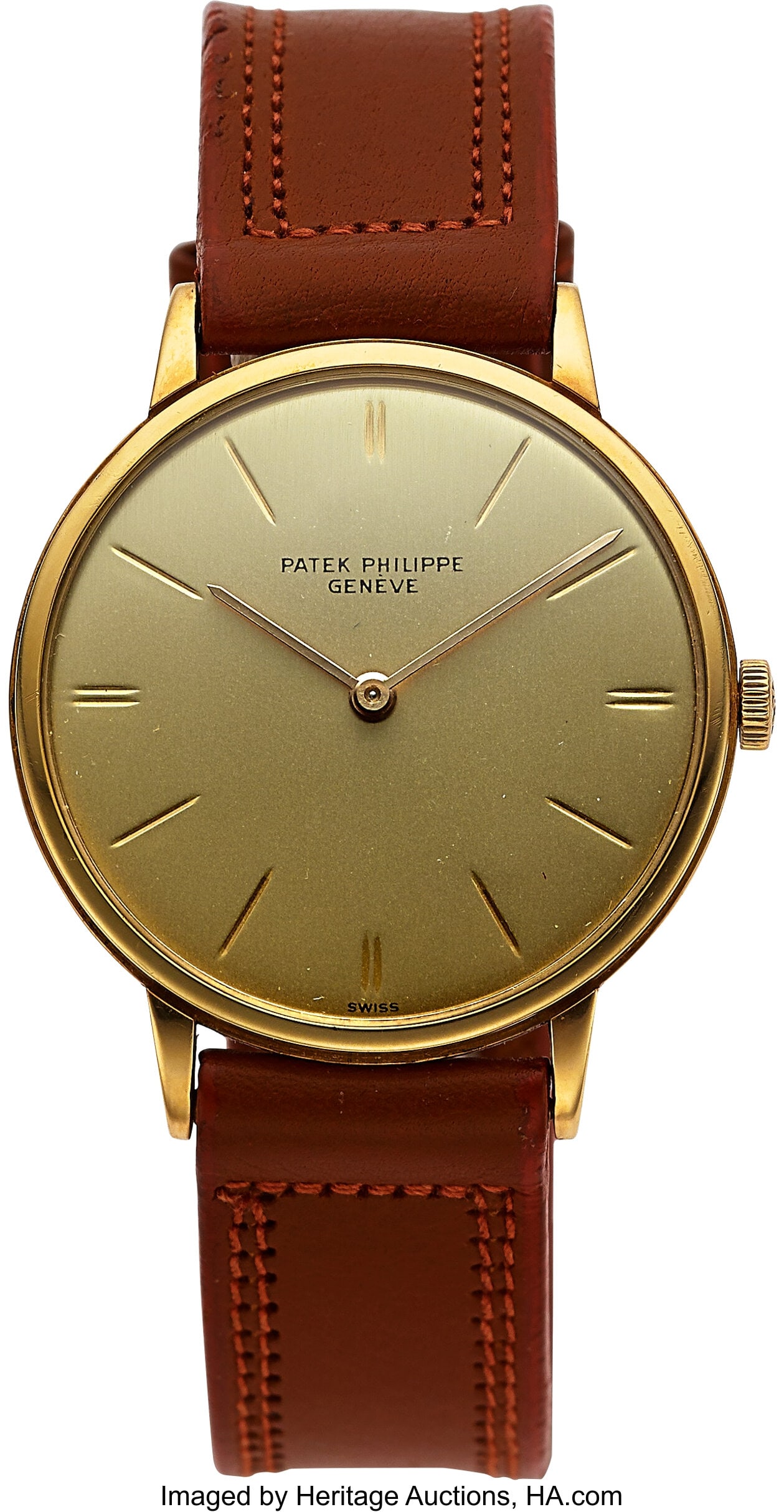 Patek Philippe 18k Yellow Gold, Ref. 3468 Case: Patek Philippe 18k Yellow Gold, Ref. 3468 Case: 33 mm, 18k yellow gold, three body, snap-on case back, No. 2663695 Dial: champagne with gold bar