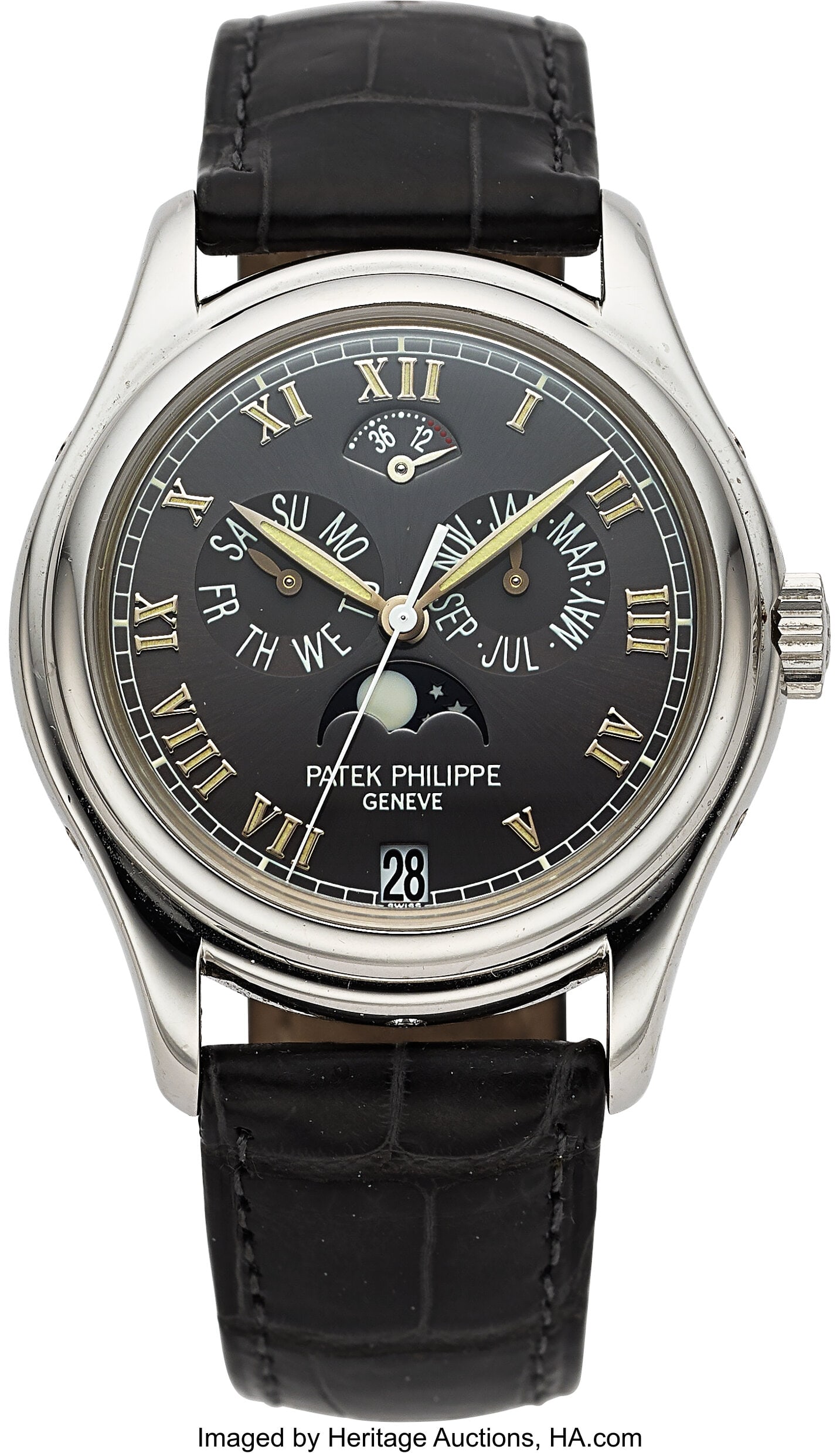 Patek Phillipe Ref. 5056P-001 Platinum Annual Ca: Patek Phillipe Ref. 5056P-001 Platinum Annual Calendar Moon Phase, circa 2000 Case: 37 mm, platinum, three body, screw-down exhibition case back, No.