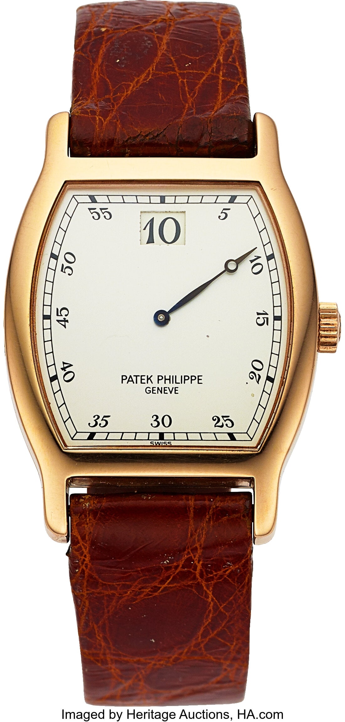 Patek Philippe, Rare 18k Pink Gold Ref. 3969R "J: Patek Philippe, Rare 18k Pink Gold Ref. 3969R "Jump Hour", 150th Anniversary Edition Case: 28 mm x 38 mm, 18k rose gold, two body, snap-on case back, N