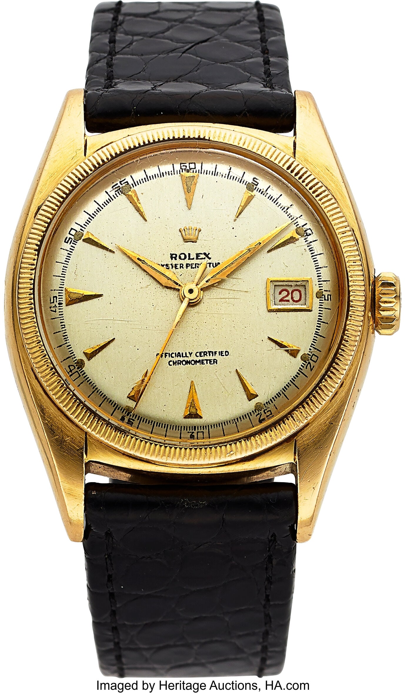 Rolex, Ref. 6075 "Ovettone" 18k Gold Automatic,: Rolex, Ref. 6075 "Ovettone" 18k Gold Automatic, circa 1950 Case: 35 mm, 18k yellow gold, screw back case, reeded bezel, Super Oyster crown, No&pe
