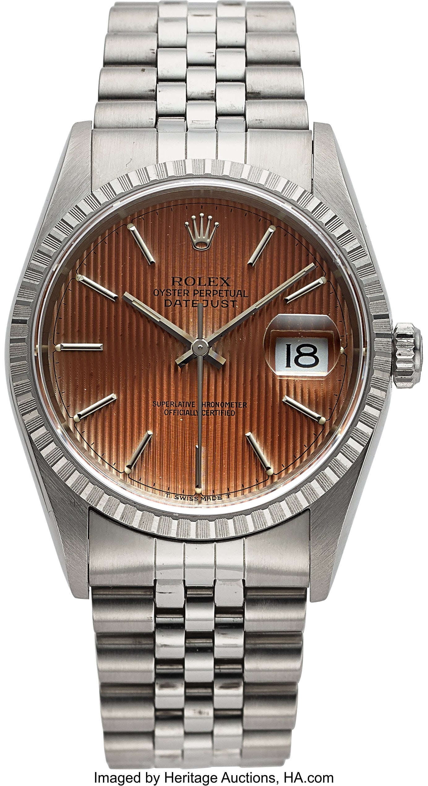 Rolex, Ref. 16220 Steel Datejust, Tropical "Tape: Rolex, Ref. 16220 Steel Datejust, Tropical "Tapestry" Dial, Full Set, circa 1997 Case: 36 mm, stainless steel , three body, fluted bezel, s
