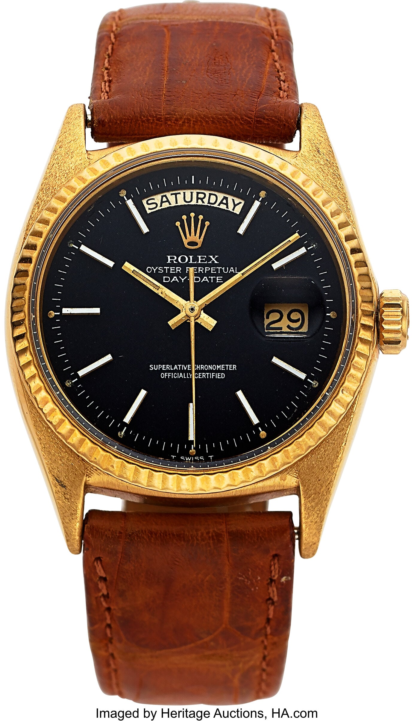 Rolex Oyster Perpetual Day-Date 18k Yellow Gold,: Rolex Oyster Perpetual Day-Date 18k Yellow Gold, Ref. 1803 Case: 36, 18k yellow gold, three body, screw-down case back with light ribbon script monogram, scr