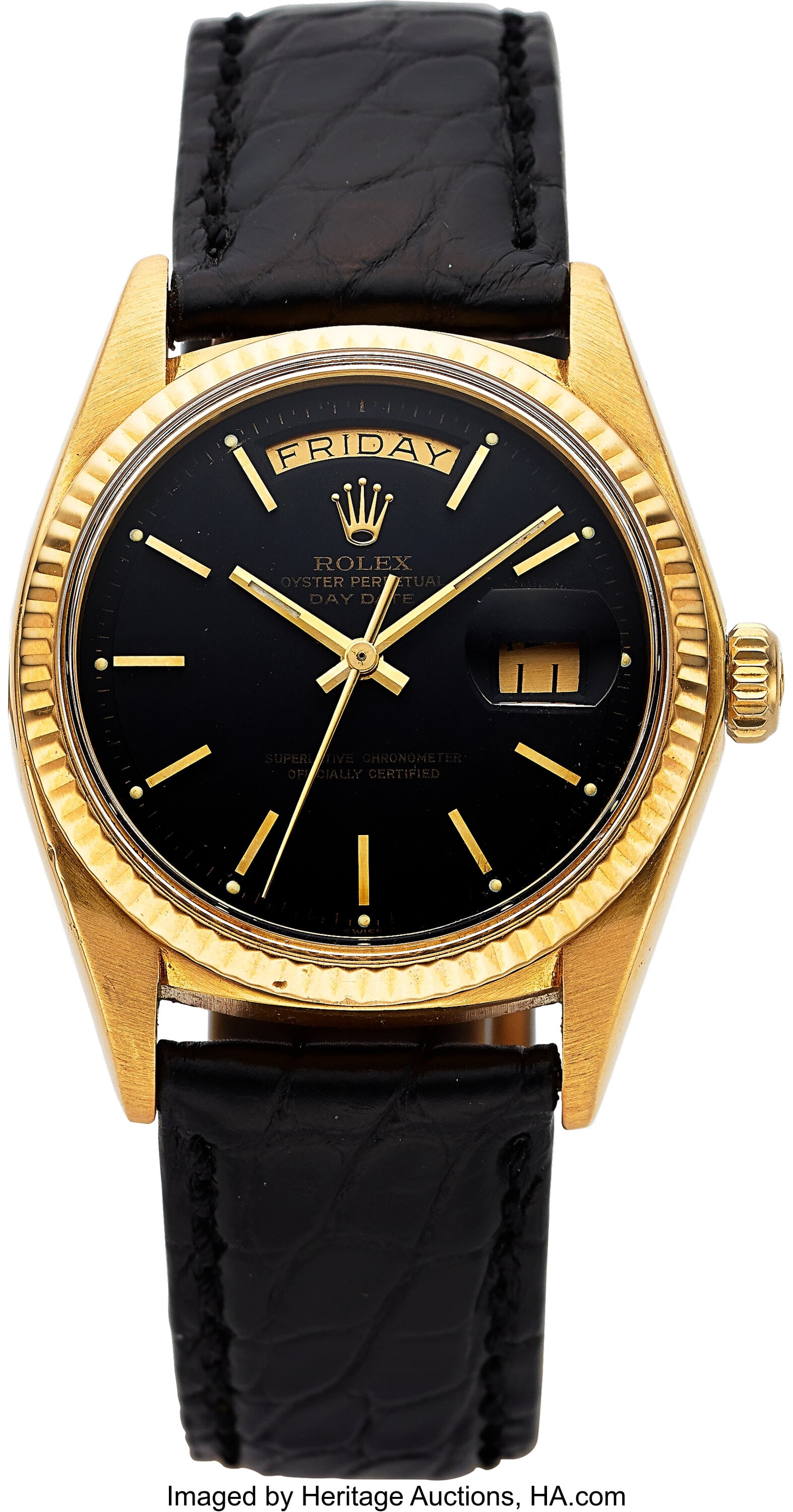 Rolex Day-Date, 18K Yellow Gold, Black Dial, Ref: Rolex Day-Date, 18K Yellow Gold, Black Dial, Ref, 1803 Case: 36 mm, 18k yellow gold, three body, screw-down case back, fixed fluted bezel, N