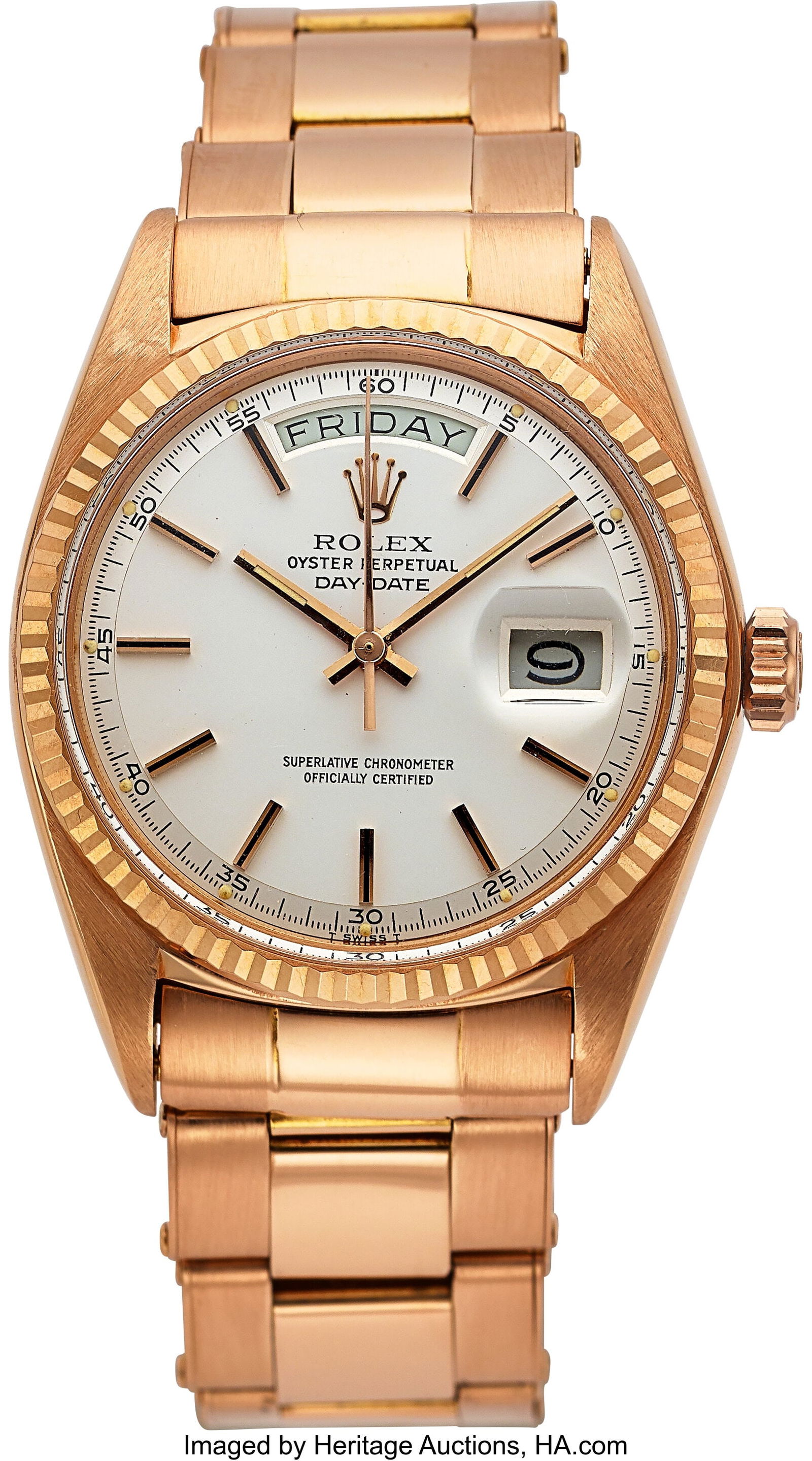 Rolex Oyster Perpetual 18k Rose Gold Day-Date, R: Rolex Oyster Perpetual 18k Rose Gold Day-Date, Ref. 1803 Case: 36 mm, 18k rose gold, three body, screw-down case back and crown, and fixed fluted bezel&comma