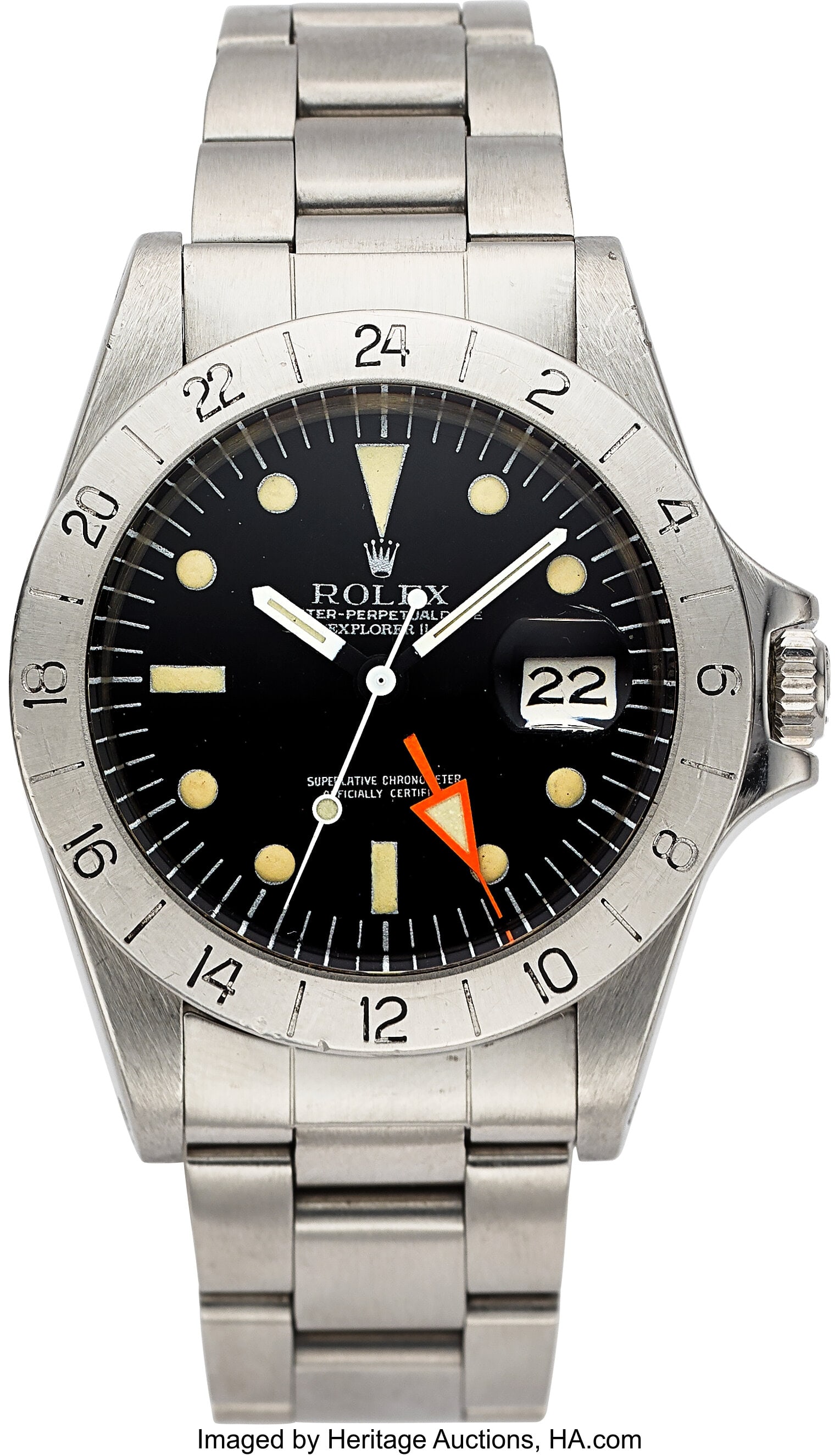 Rolex Oyster Perpetual Date Explorer II, Ref. 16: Rolex Oyster Perpetual Date Explorer II, Ref. 1655 "Steve McQueen" Case: 38 mm, steel, three body, screw-down case back and crown, fixed bezel , No&per