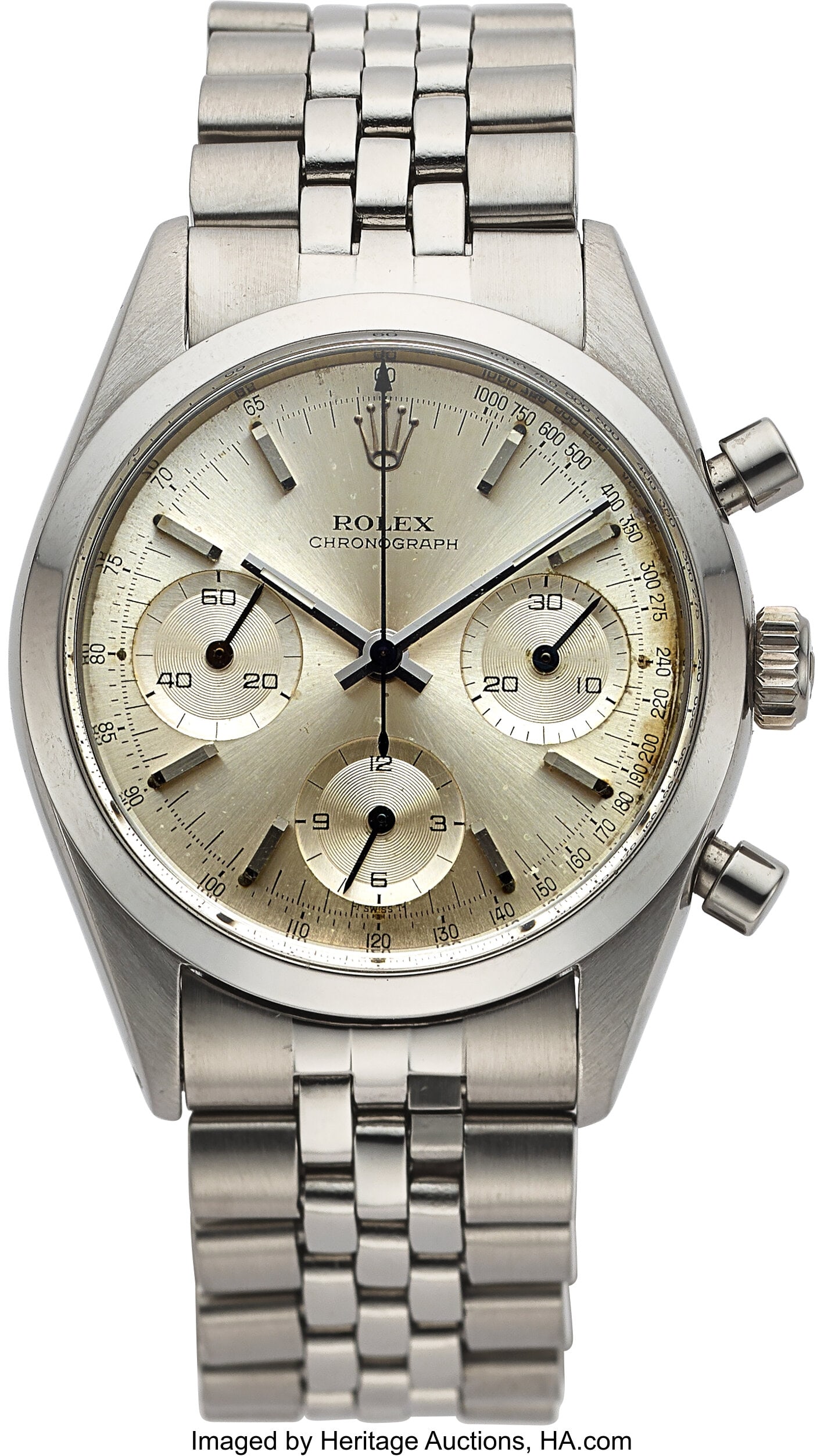 Rolex Stainless Steel Oyster Chronograph, Ref. 6: Rolex Stainless Steel Oyster Chronograph, Ref. 6238 Case: 36 mm, stainless steel, three body with screw-down case back and crown with engraving on case back, 10768