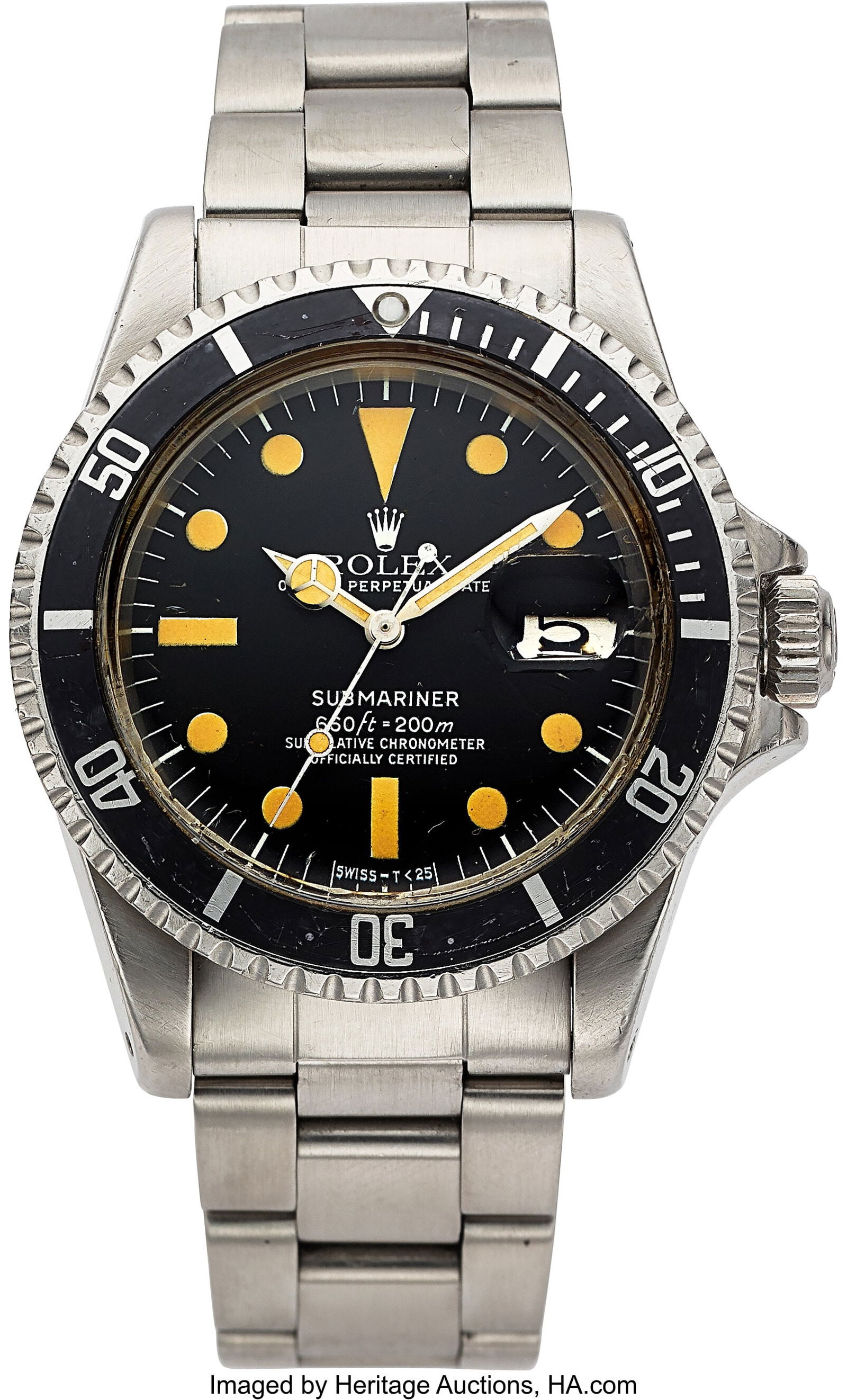 Rolex Oyster Perpetual Submariner, Ref. 1680 Ca: Rolex Oyster Perpetual Submariner, Ref. 1680 Case: 39 mm, stainless steel, three body, screw-down case back, and crown, black aluminum bidirectional ro