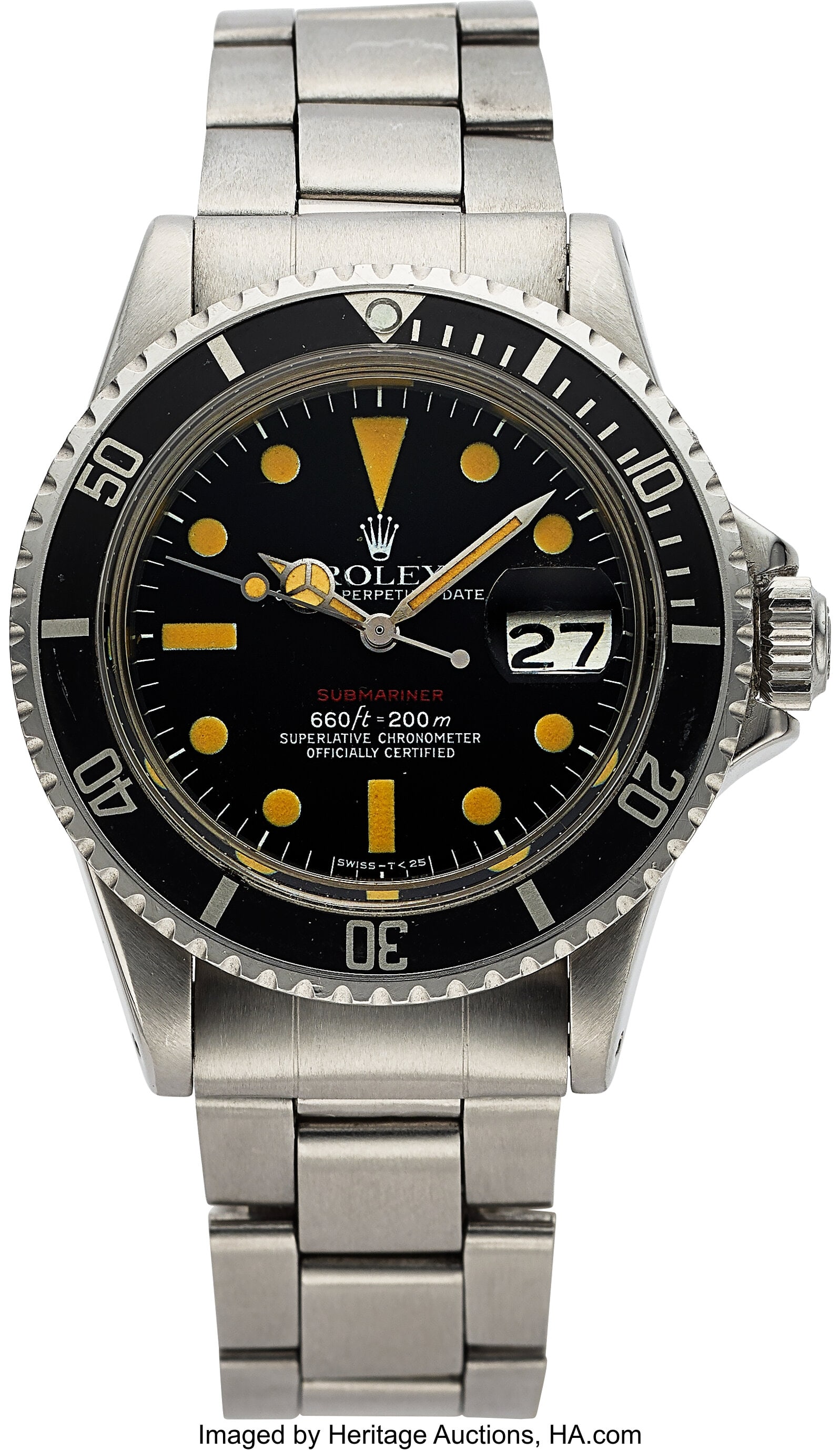 Rolex Ref. 1680 Red Submariner Steel Oyster Perp: Rolex Ref. 1680 Red Submariner Steel Oyster Perpetual Date, circa 1973 Case: three body, stainless steel, 40 mm, screw down case back and crown, graduated bi