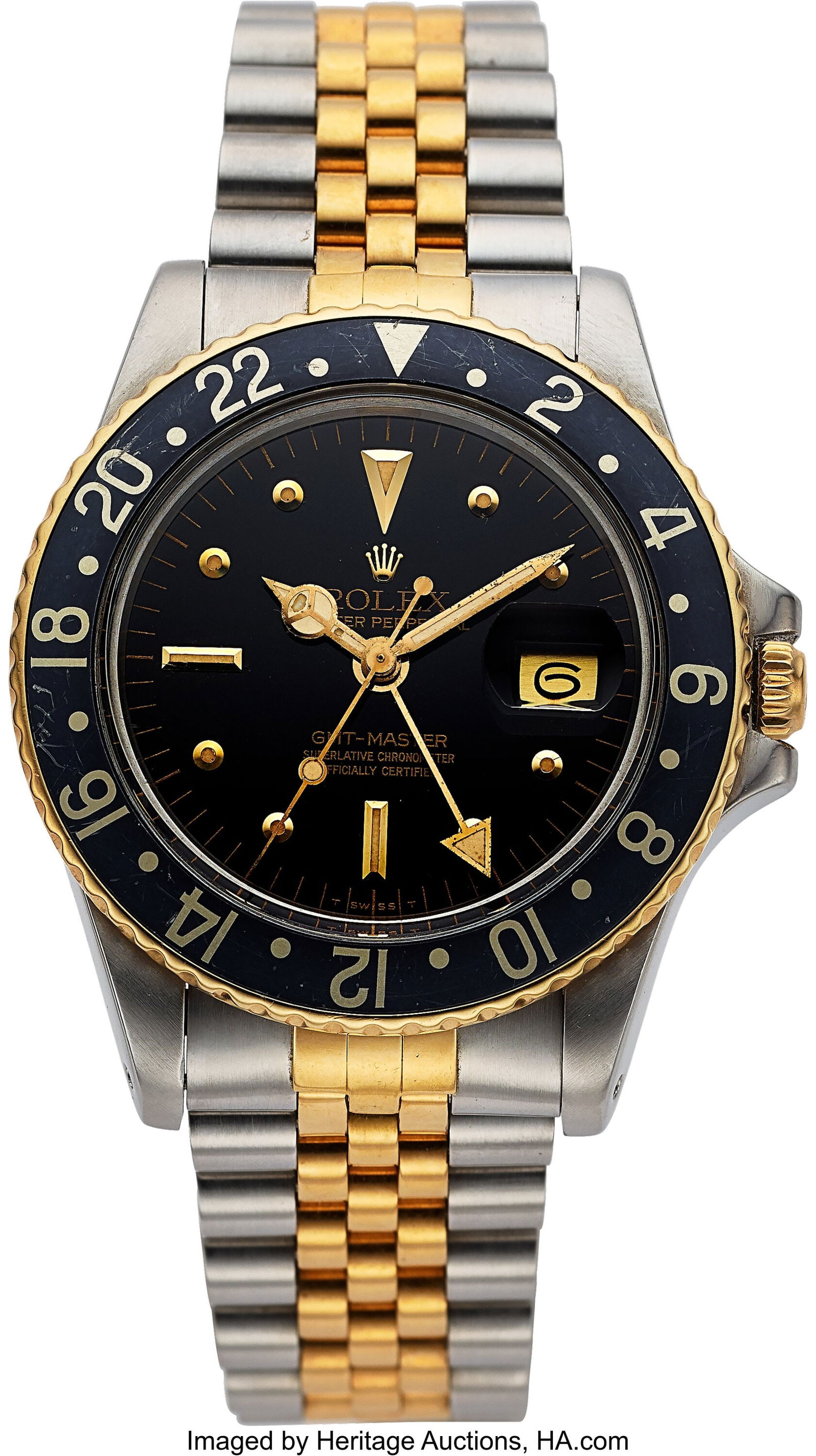 Rolex Oyster Perpetual GMT-Master, Two Tone Stee: Rolex Oyster Perpetual GMT-Master, Two Tone Steel and 18k Yellow Gold, Ref. 1675, Circa 1978 Case: 39 mm, stainless steel and 18k yellow gold, three