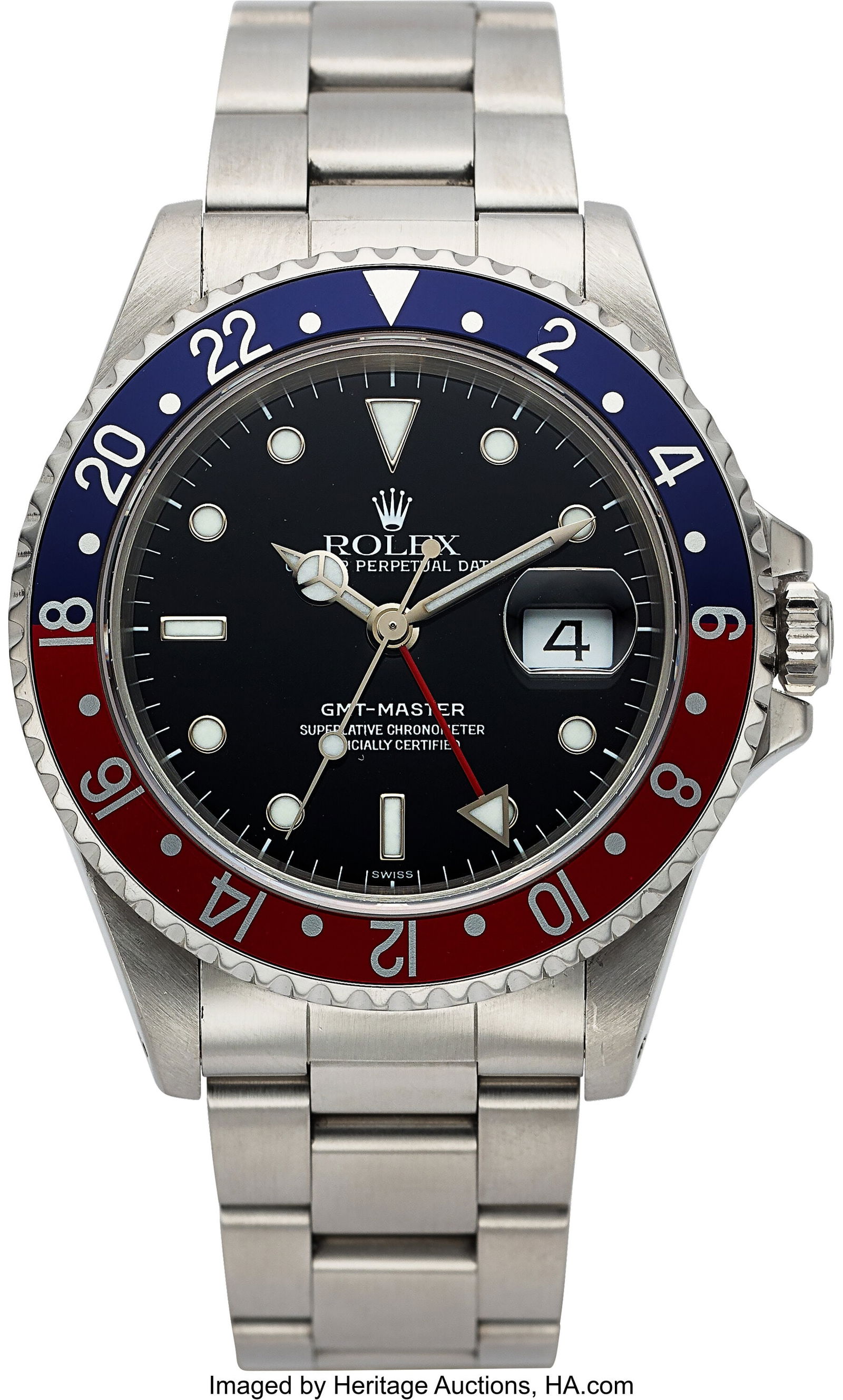 Rolex Oyster Perpetual Date GMT-Master "Pepsi" B: Rolex Oyster Perpetual Date GMT-Master "Pepsi" Bezel, Ref. 16700, Circa 1999 Case: 40 mm, stainless steel, three body, screw-down case back and