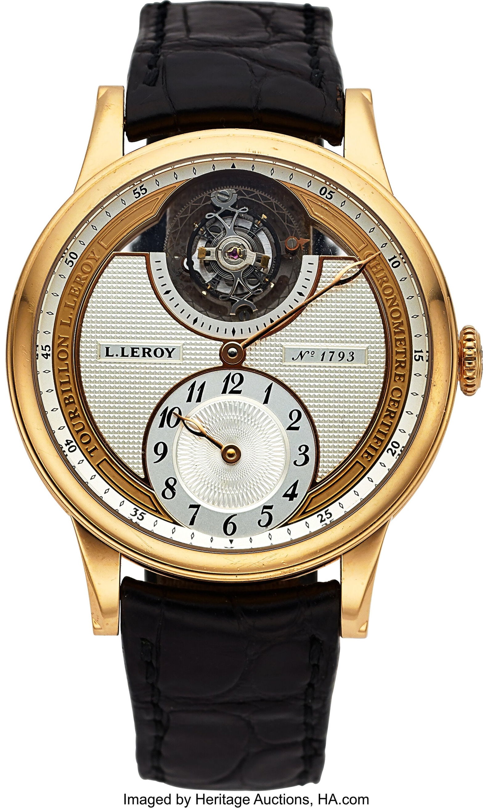 L. Leroy Osmior Tourbillon 18K Rose Gold Automat: L. Leroy Osmior Tourbillon 18K Rose Gold Automatic Regulator Wristwatch No. 1793 Ref. LL106 Case: 41mm, 18k rose gold, 3 body, 4 screw case back, exh
