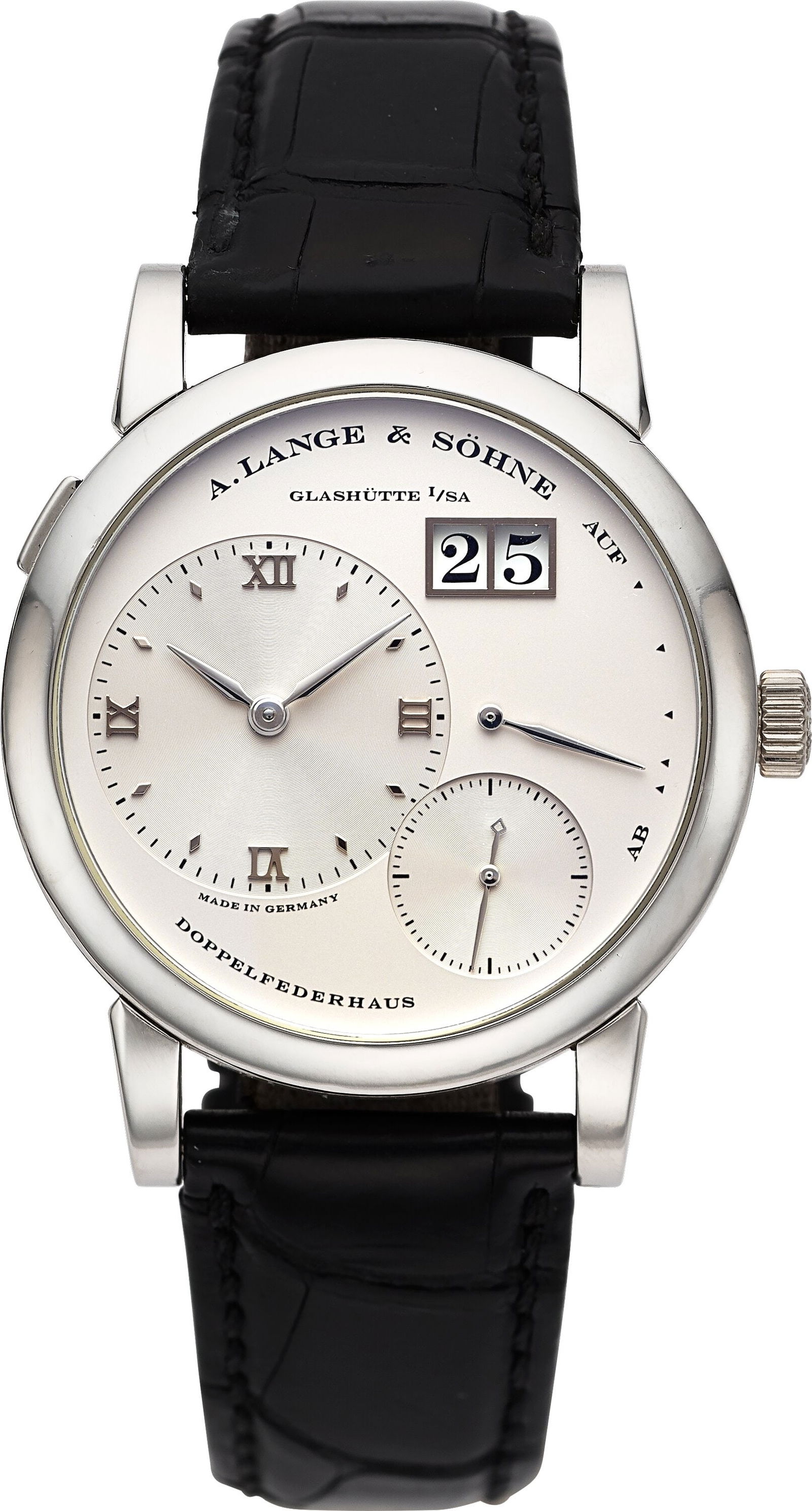 A. Lange & Söhne, Lange 1, Platinum, Ref. 191&: A. Lange & Söhne, Lange 1, Platinum, Ref. 191.025 Case: 38 mm, platinum, three body, six screw exhibition case back, 18045