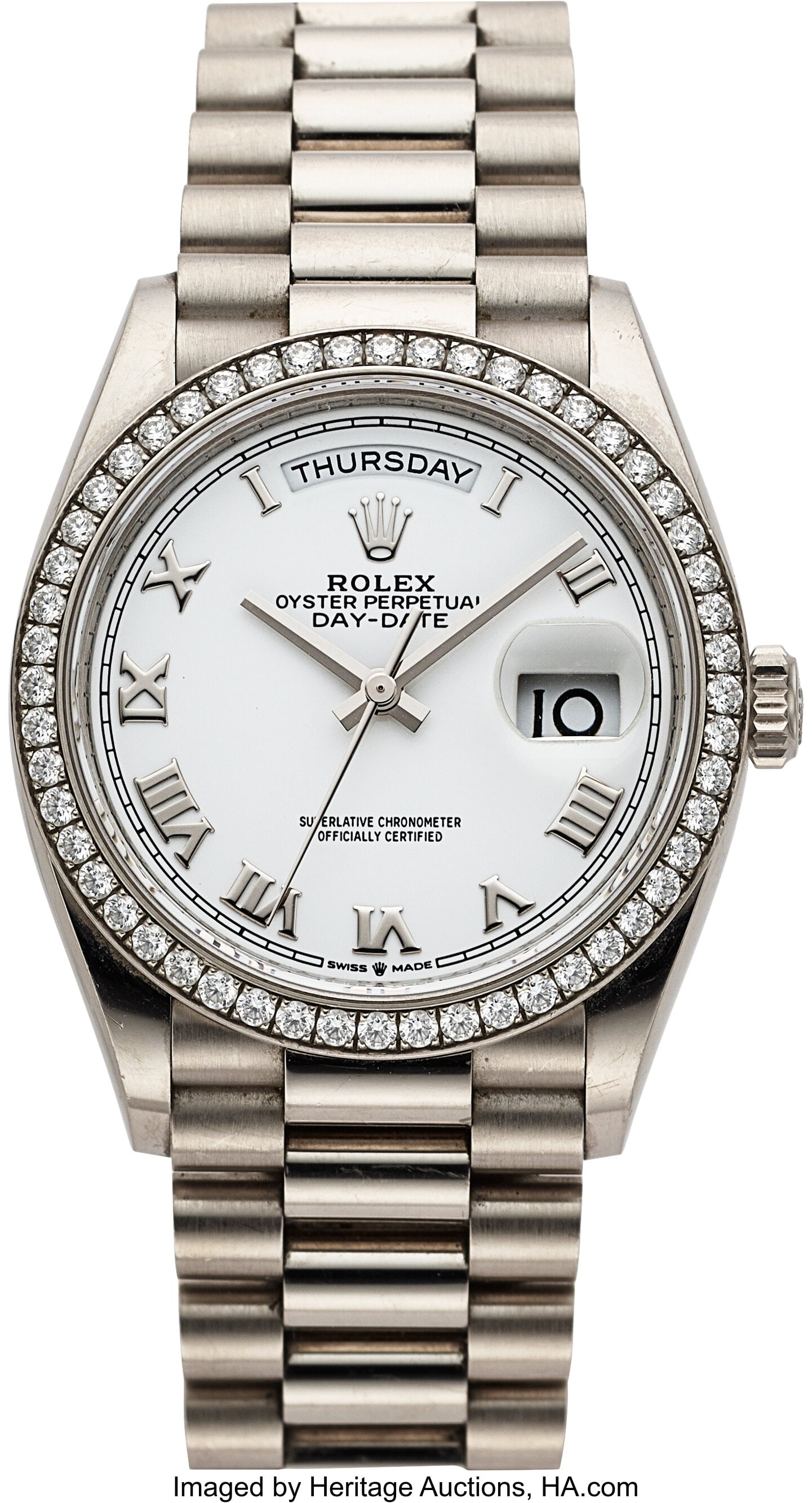Rolex 18K White Gold Day-Date Diamond Bezel, Ful: Rolex 18K White Gold Day-Date Diamond Bezel, Full Set, Ref. 128349RBR Case: 36 mm, 18k white gold, three body, screw-down case back and crown, fixed di
