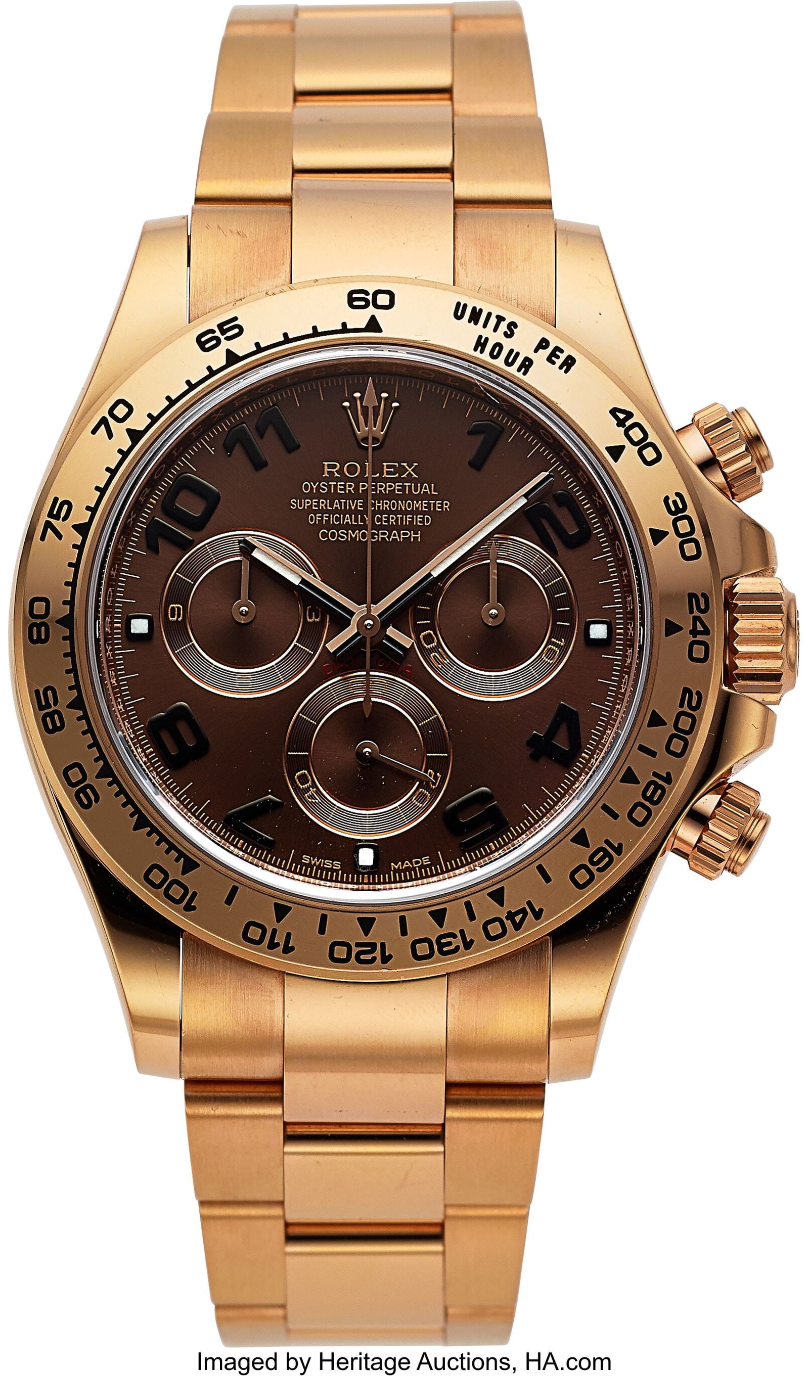 Rolex Daytona Chocolate Dial Full Set, Ref. 1165: Rolex Daytona Chocolate Dial Full Set, Ref. 116505 Case: 40 mm, 18k rose gold, three body, screw-down case back, crown, and buttons, fixed 18k ro