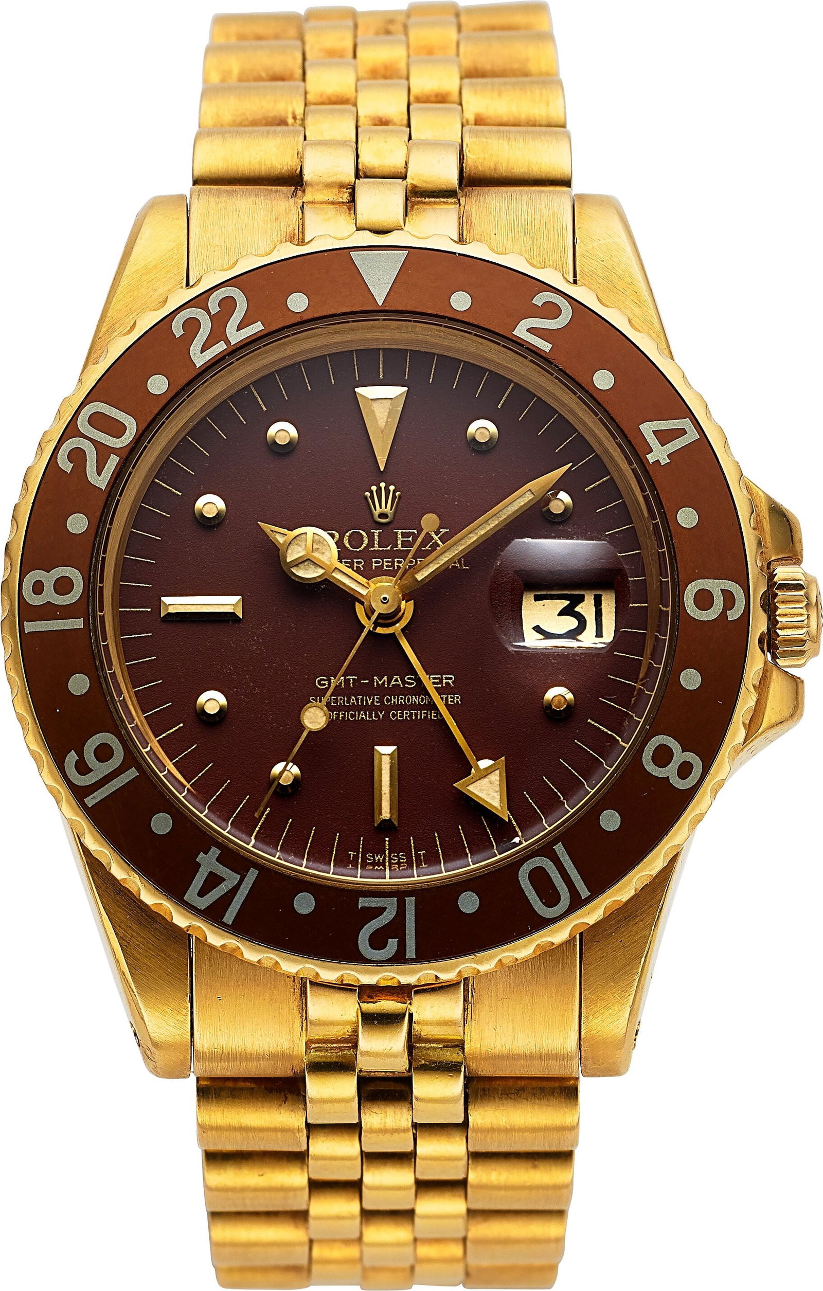 Rolex, Exceptional Ref. 1675 Gold "Root Beer" GM: Rolex, Exceptional Ref. 1675 Gold "Root Beer" GMT-Master, circa 1972 Case: 40 mm, 18k yellow gold, three body, screw down case back and crown, rotating