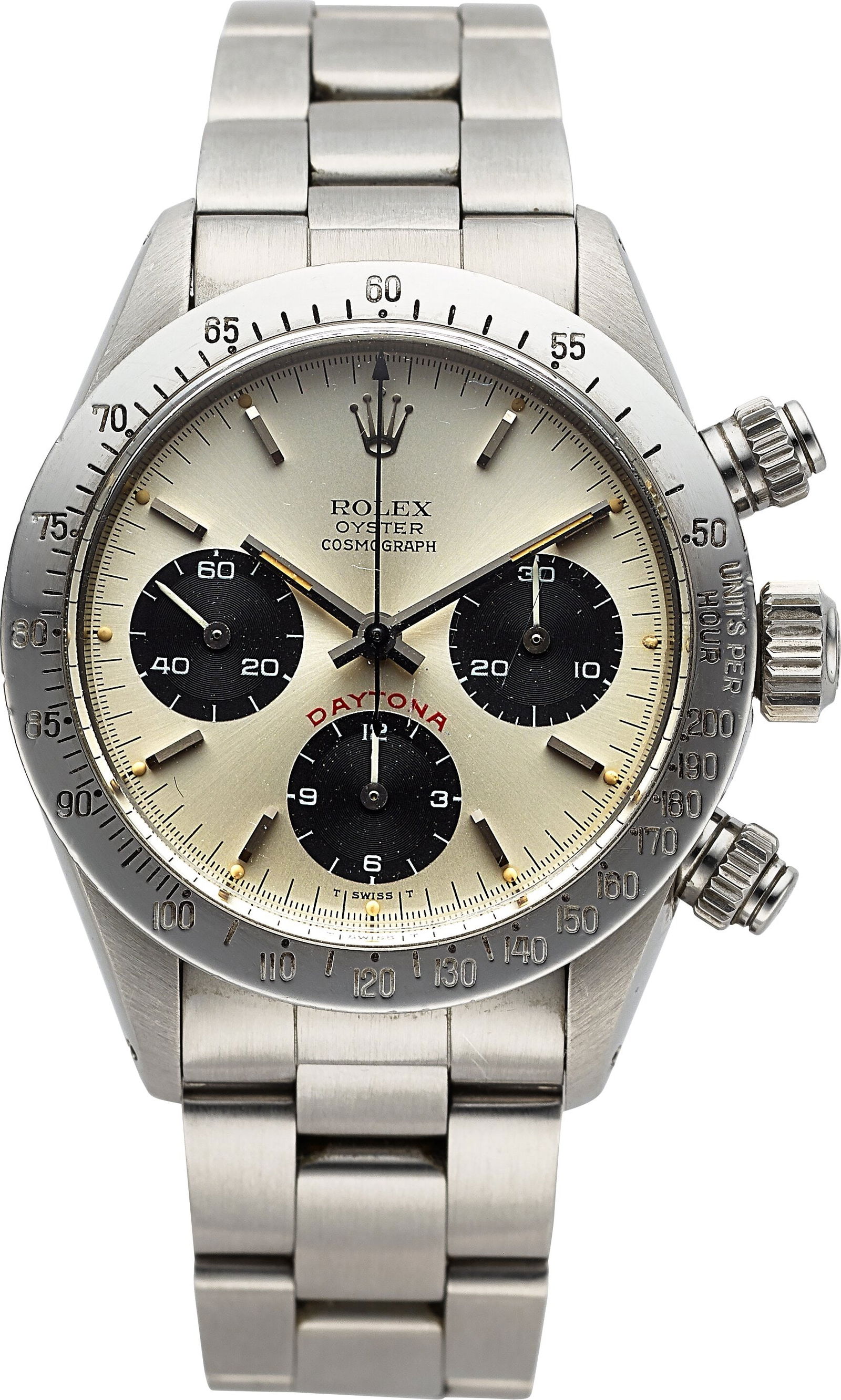 Rolex, Very Fine "Big Red" Oyster Cosmograph Day: Rolex, Very Fine "Big Red" Oyster Cosmograph Daytona, Ref. 6265/6263. circa 1979 Case: 37 mm, stainless steel, three body, screw down back,