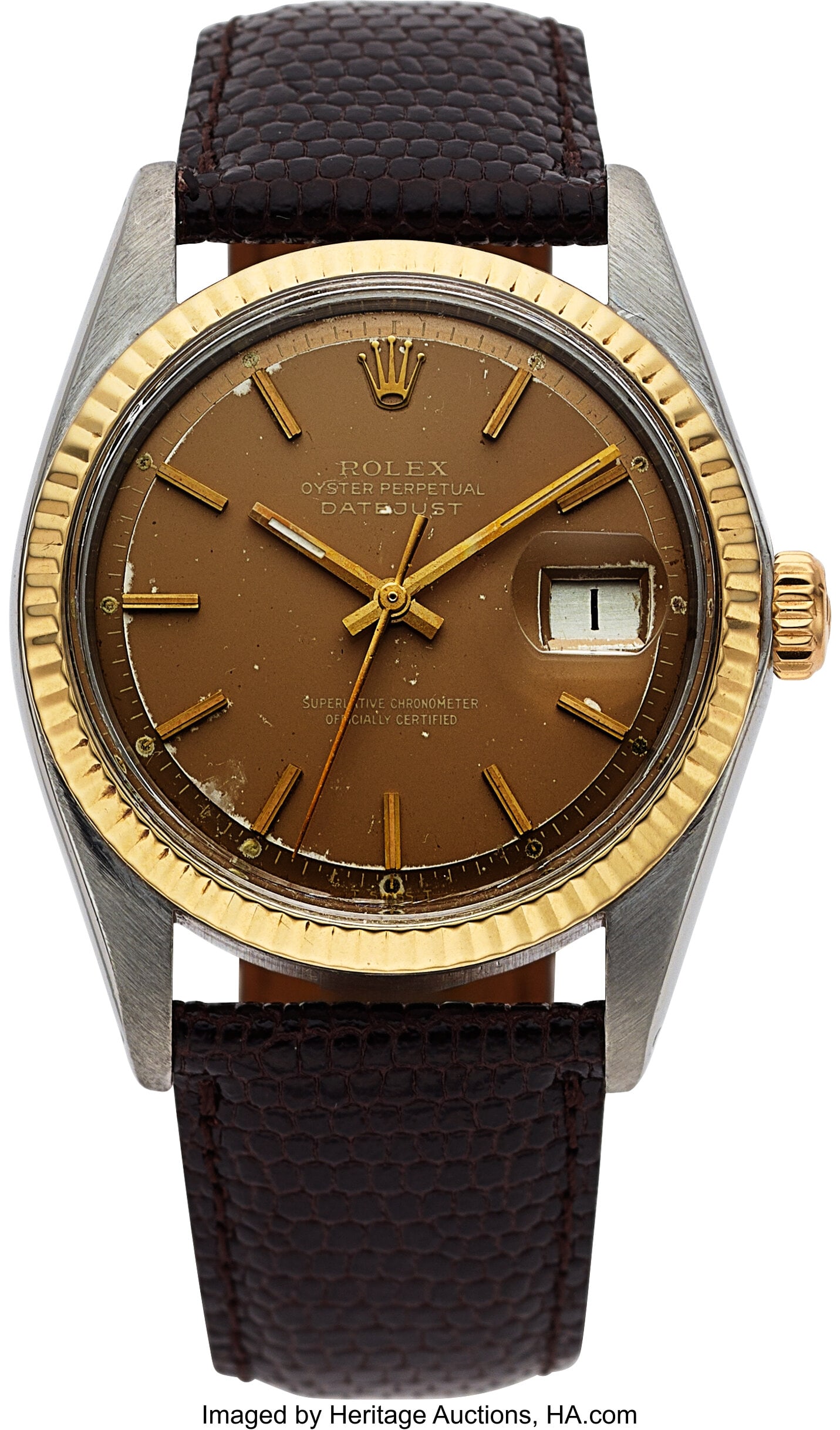 Rolex Oyster Perpetual Datejust Beige Dial Full: Rolex Oyster Perpetual Datejust Beige Dial Full Set, Ref. 1601 Case: 36 mm, stainless steel and 18k gold, three body, screw-down case back and crown, and fix