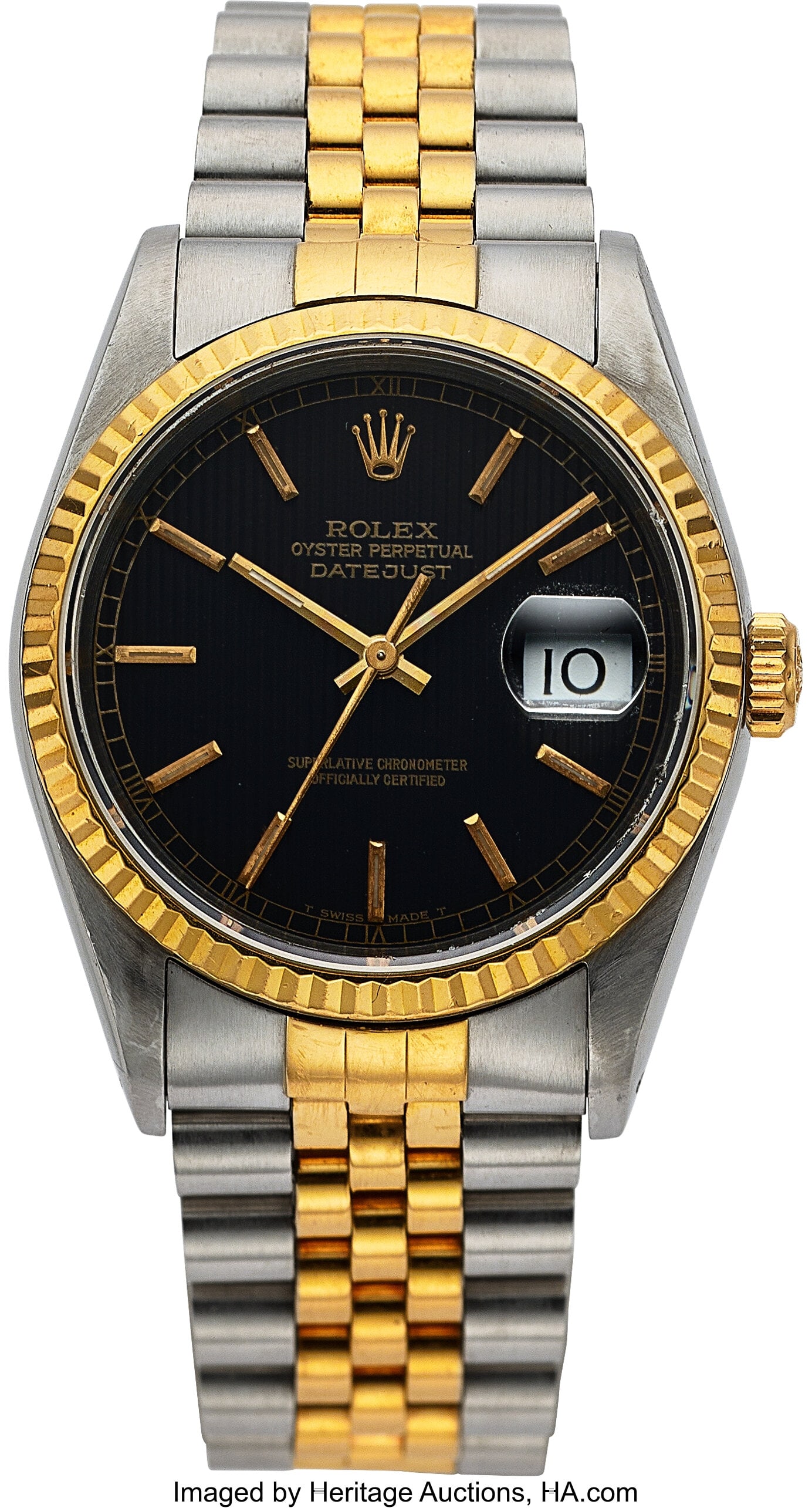 Rolex Oyster Perpetual Datejust 36, Ref. 16233: Rolex Oyster Perpetual Datejust 36, Ref. 16233 Case: 36 mm, stainless steel and 18k yellow gold, three body, screw-down case back and crown, and fixed