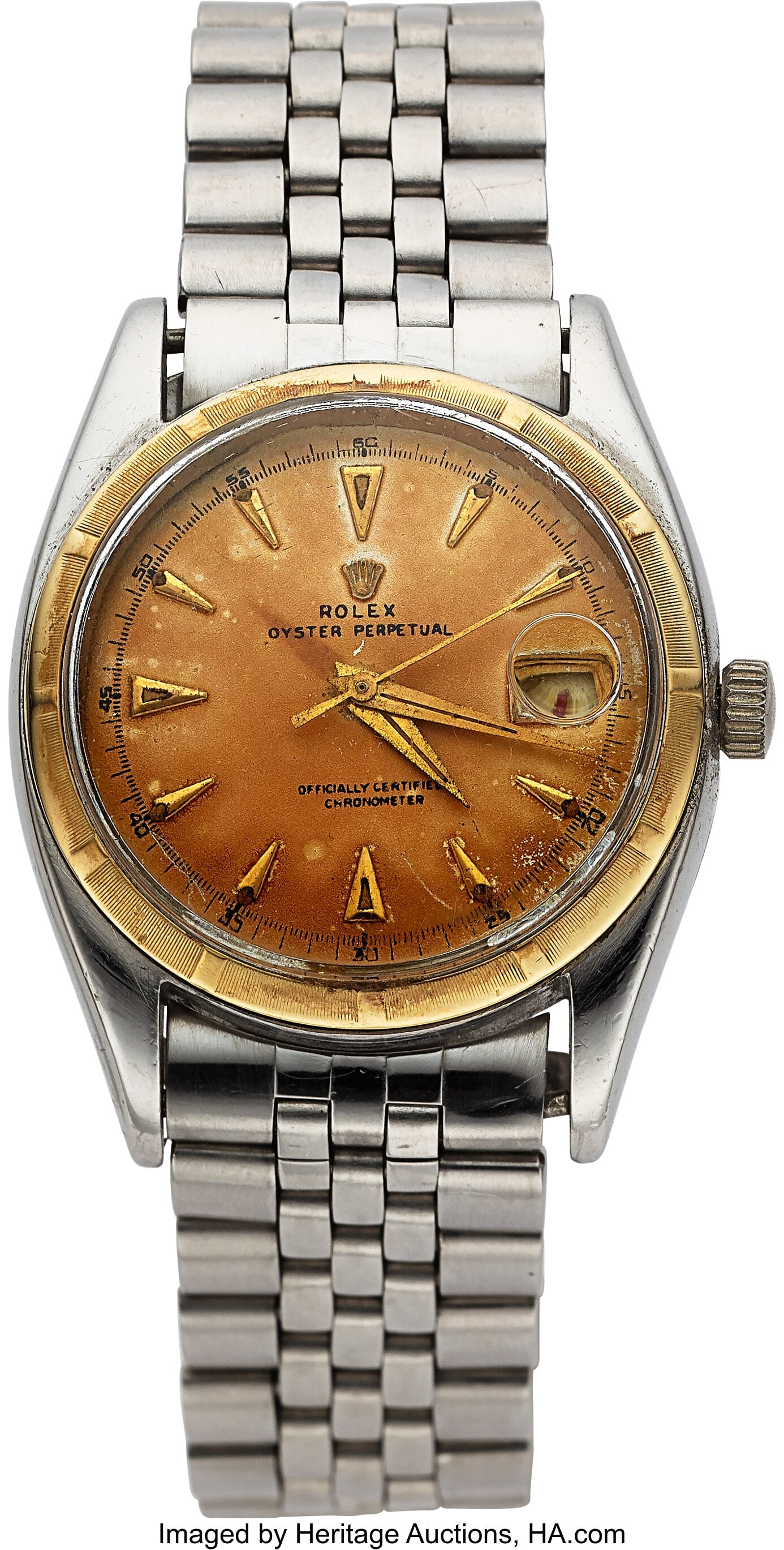 Rolex Vintage Ref. 6105 Oyster Perpetual Date, F: Rolex Vintage Ref. 6105 Oyster Perpetual Date, For Restoration, circa 1963 Case: 36 mm, stainless steel, three body, reeded gold bezel, screw down case