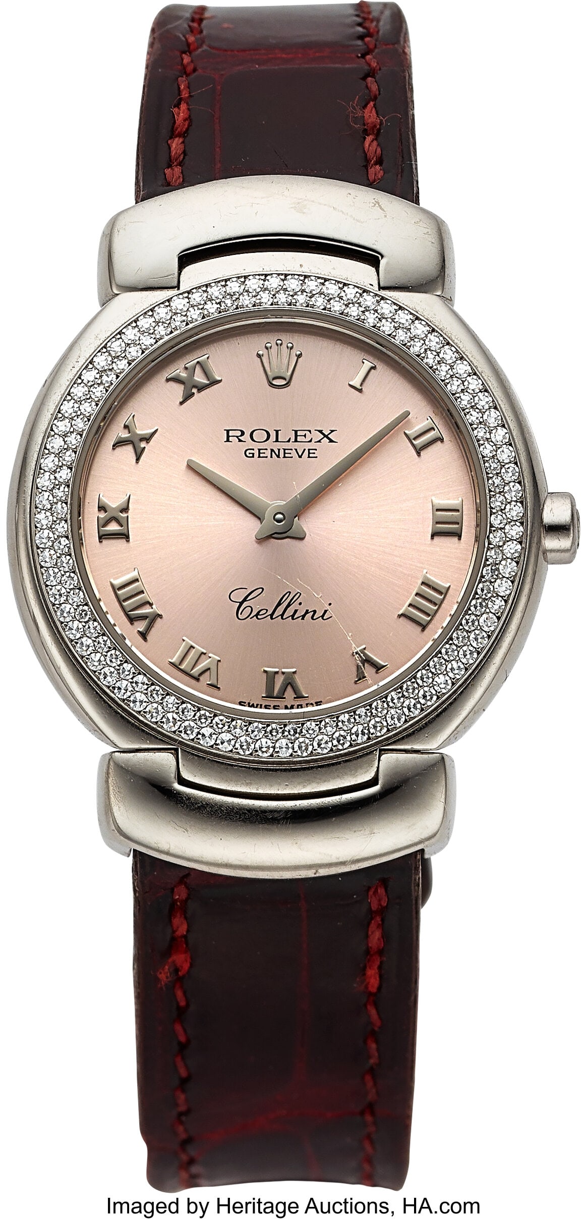 Rolex Ladies Cellini, 18k White Gold, Diamond Be: Rolex Ladies Cellini, 18k White Gold, Diamond Bezel, Ref. 6671 Case: 26 mm, 18k white gold, three body, snap-on case back, diamond set