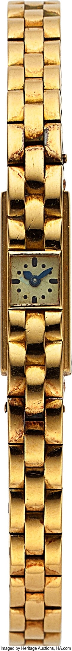 Cartier 18k Lilliputian Bracelet Wrist Watch Ca: Cartier 18k Lilliputian Bracelet Wrist Watch Case: 6 1/2 mm x 20 mm, 18k gold, two body, signed Cartier case back, 868 Dial: white dial with black lines for