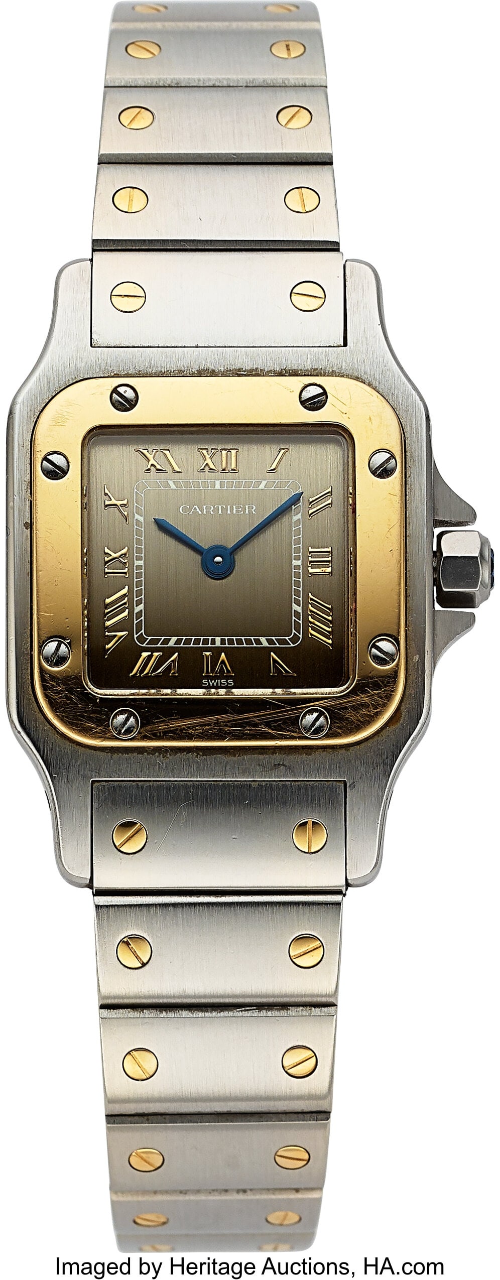 Cartier Lady's Two Tone Santos Case: 23 mm, ste: Cartier Lady's Two Tone Santos Case: 23 mm, steel, 18k gold bezel, water resistant, 8 screw case back, with jewel set crown, BB062185 Dial: gray