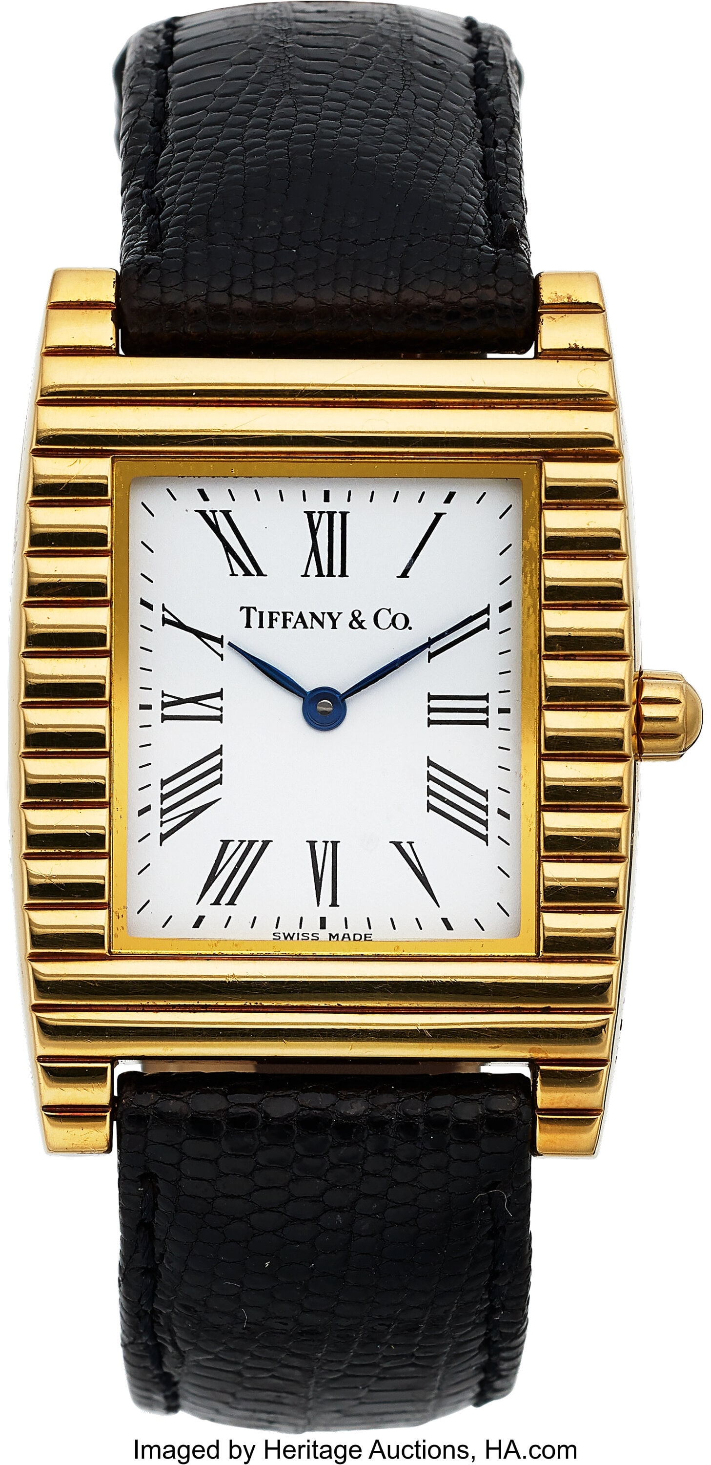 Tiffany & Co. 18k Yellow Gold Quartz Case: 27 m: Tiffany & Co. 18k Yellow Gold Quartz Case: 27 mm x 30 mm, 18k yellow gold, two body, snap-on case back, and ribbed bezel, 920581007 Dial: white dia