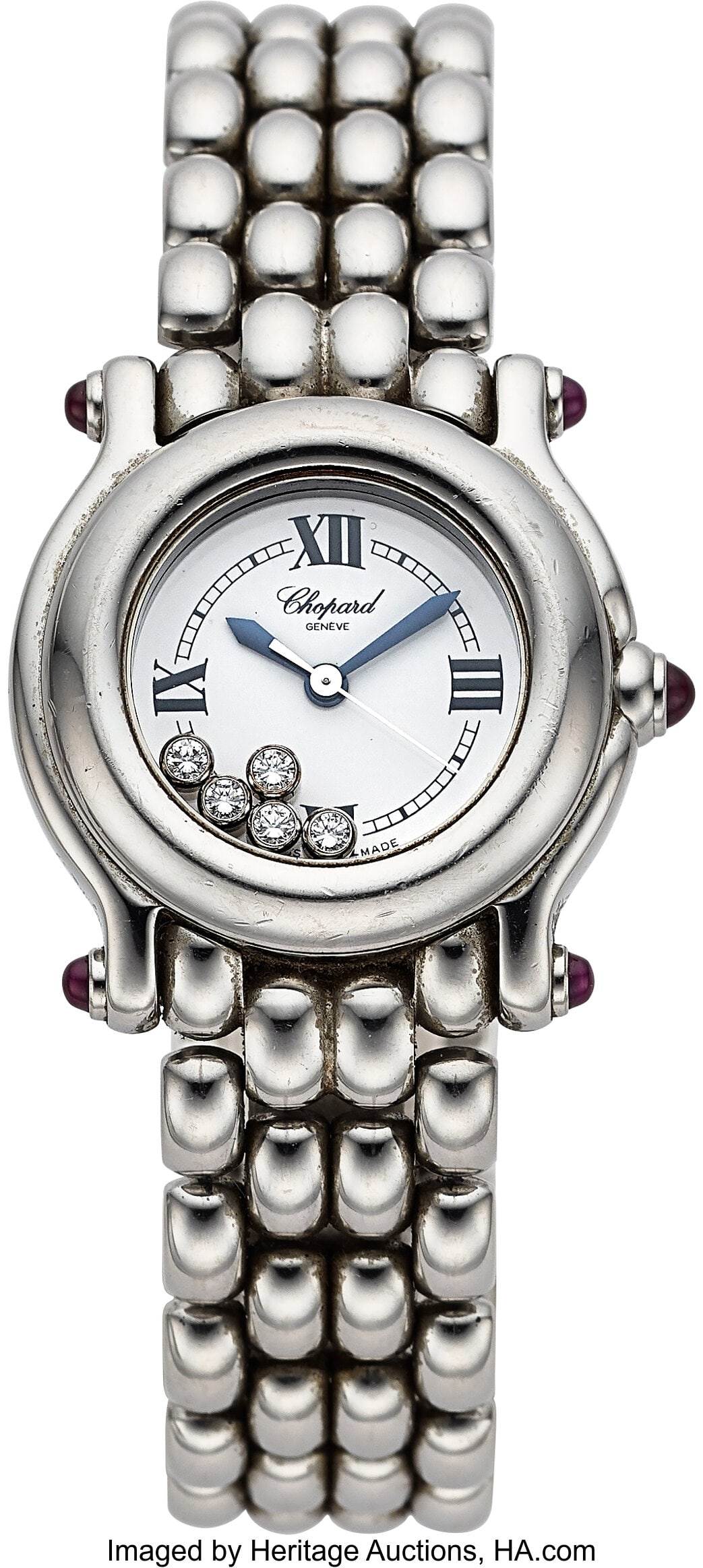 Chopard Happy Sport Diamonds Dial Stainless Stee: Chopard Happy Sport Diamonds Dial Stainless Steel Watch Case: 26 mm, stainless steel, three body, 4 screw case back, 5 rubies in total, one in each lug and one set
