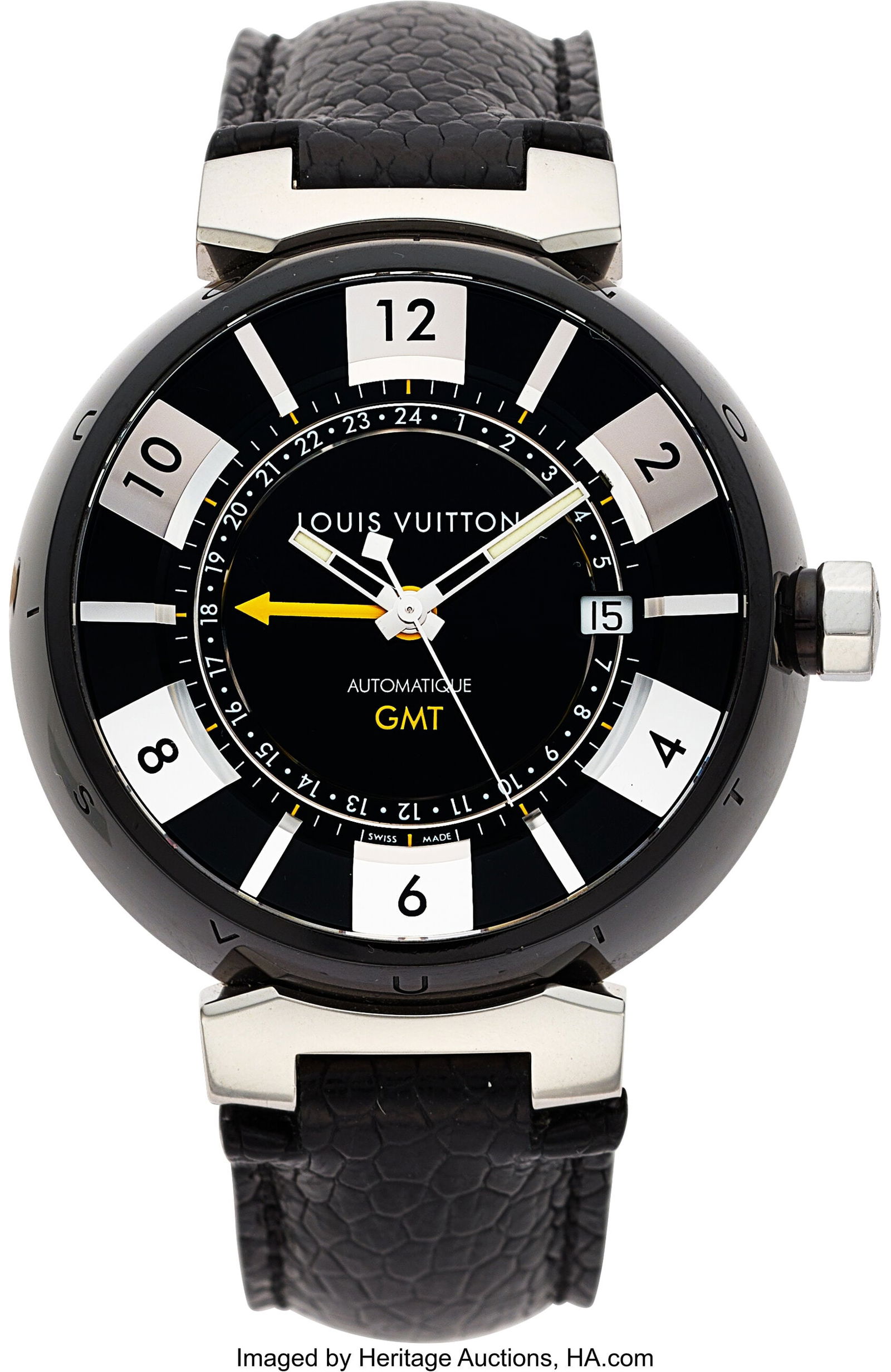 Louis Vuitton Tambour GMT, Ref. Q113K Case: 41: Louis Vuitton Tambour GMT, Ref. Q113K Case: 41 mm, stainless steel, two body, 6 screw case back, No. S15888 Dial: black dial, 24 hour whit