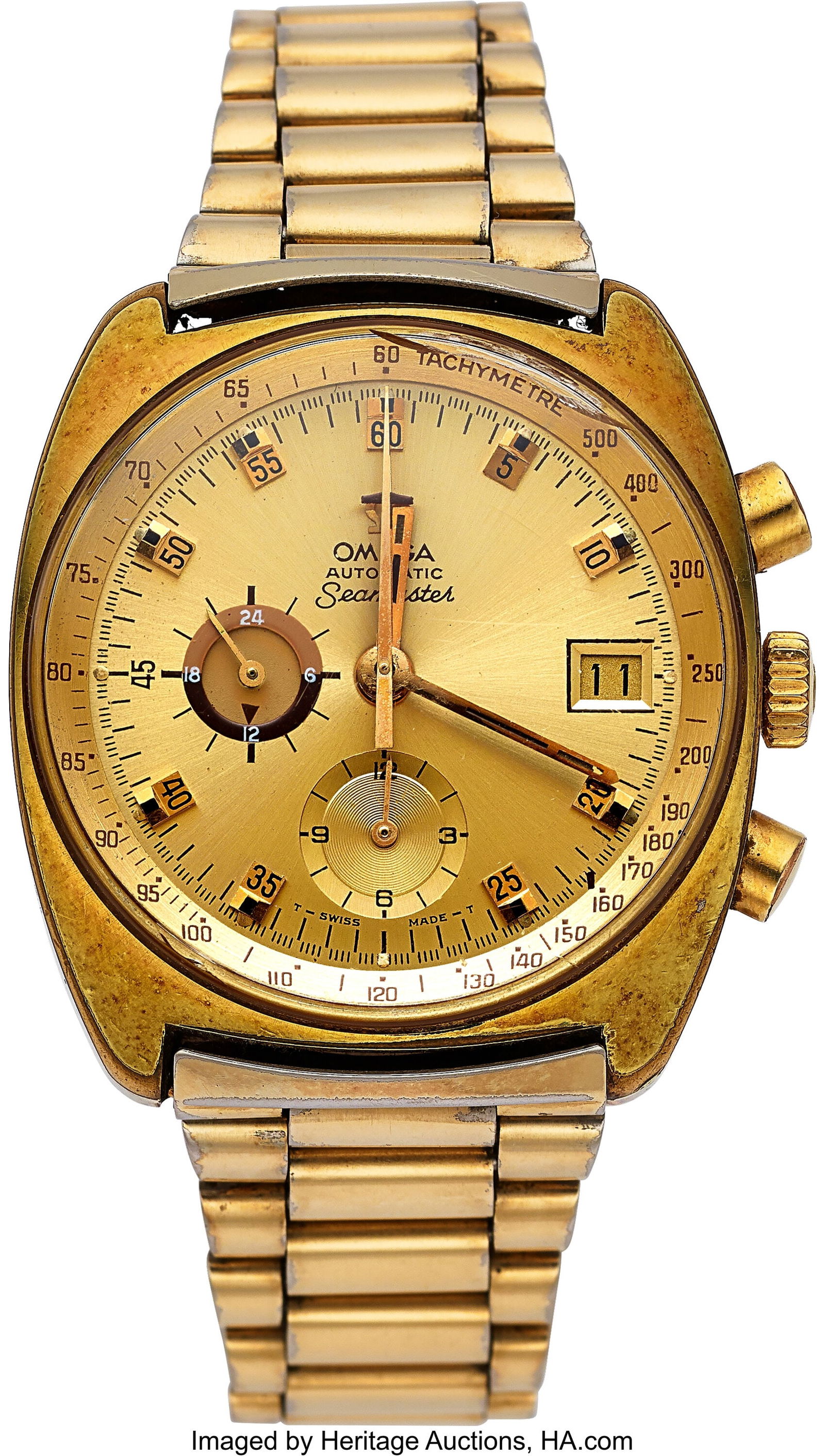 Omega, Gold Toned Automatic Chronograph, Ref. 17: Omega, Gold Toned Automatic Chronograph, Ref. 176007 Case: 38 mm x 42 mm, stainless steel and gold plate, three body, screw-down case back Dial: