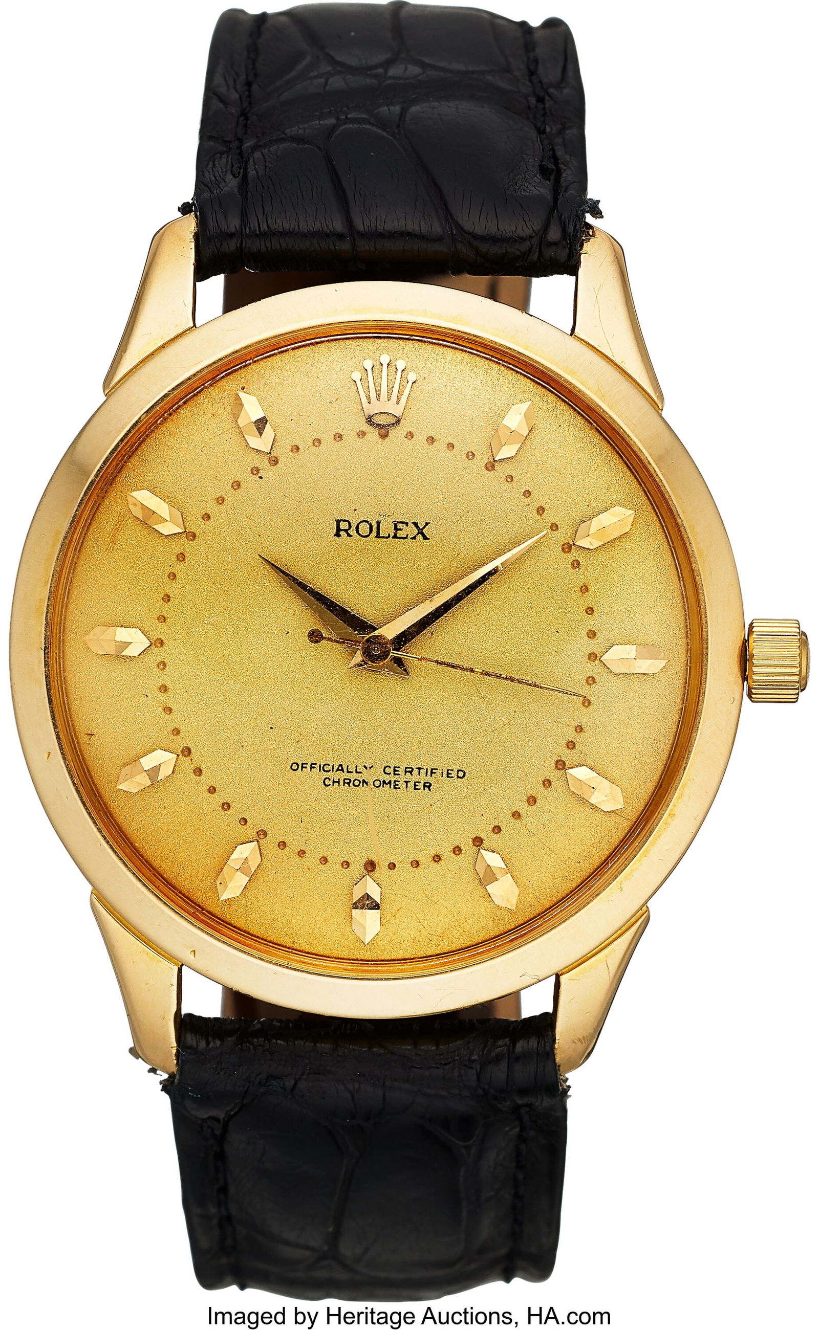 Rolex 18k Dress Watch with Refinished Dial, Ref.: Rolex 18k Dress Watch with Refinished Dial, Ref. 9205 Case: 35 mm, 18k yellow gold, three body, snap-on case back Dial: champagne dial with gold gem shaped